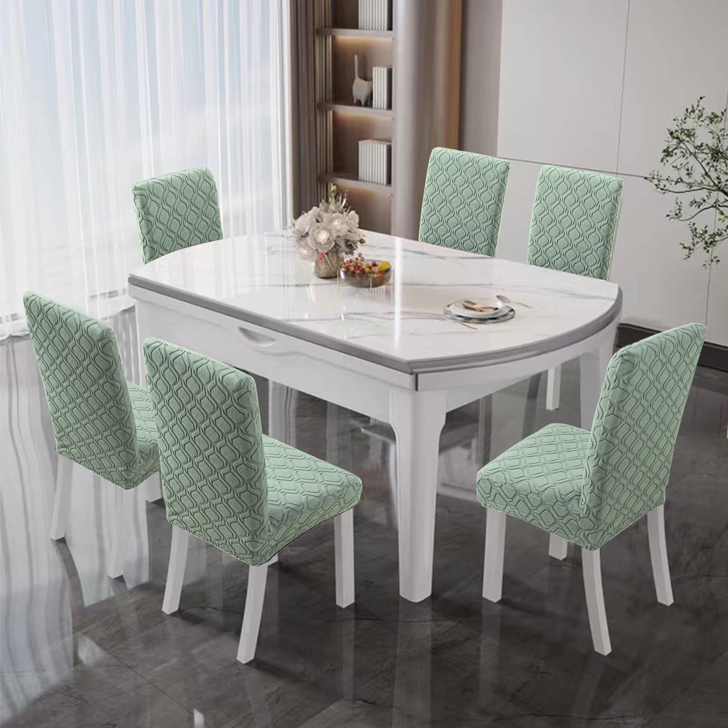 LANSHENG Stuhlhussen 6er Set, Stretch Stuhlhussen Schwingstühle, Abnehmbarer Waschbarer Stuhlbezug für Esszimmer, Küche, Hotel (6er Set, Salbei Grün) | Stretch-Sitzbezüge für hohe Rückenlehne, abnehmbar, waschbar, Küchenstuhlschutz, Schonbezüge für Esszim