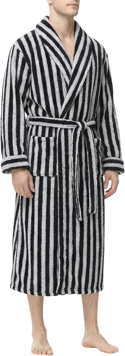 Gihuo Mens Fluffy Striped Robe Plush Bath Robe Winter Fleece Bathrobe Long Belted Robe