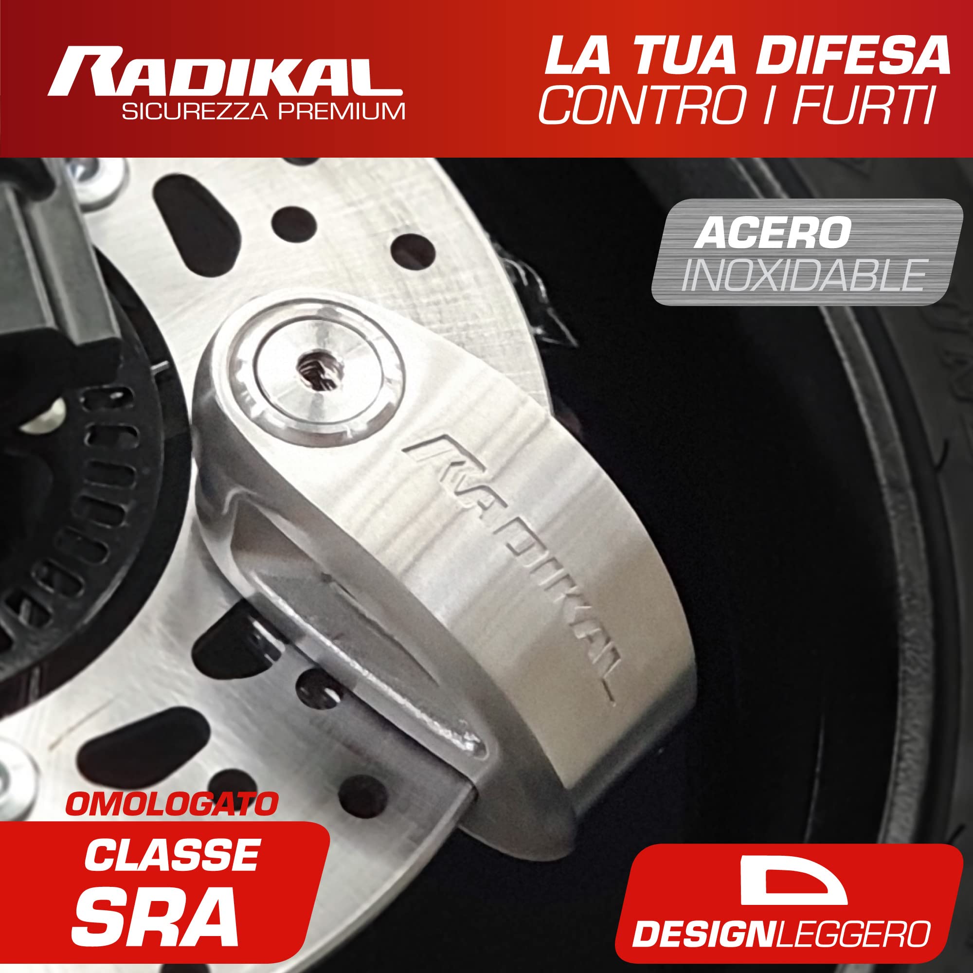 RADIKAL RK310S Blocca Disco per Moto, Sicurezza Premium, Antifurto Moto Omologato SRA, Doppio Bloccaggio Ø10, Acciaio Inossidabile, Esclusivo Design Doppio Ponte, Lucchetto Bloccadisco Scooter