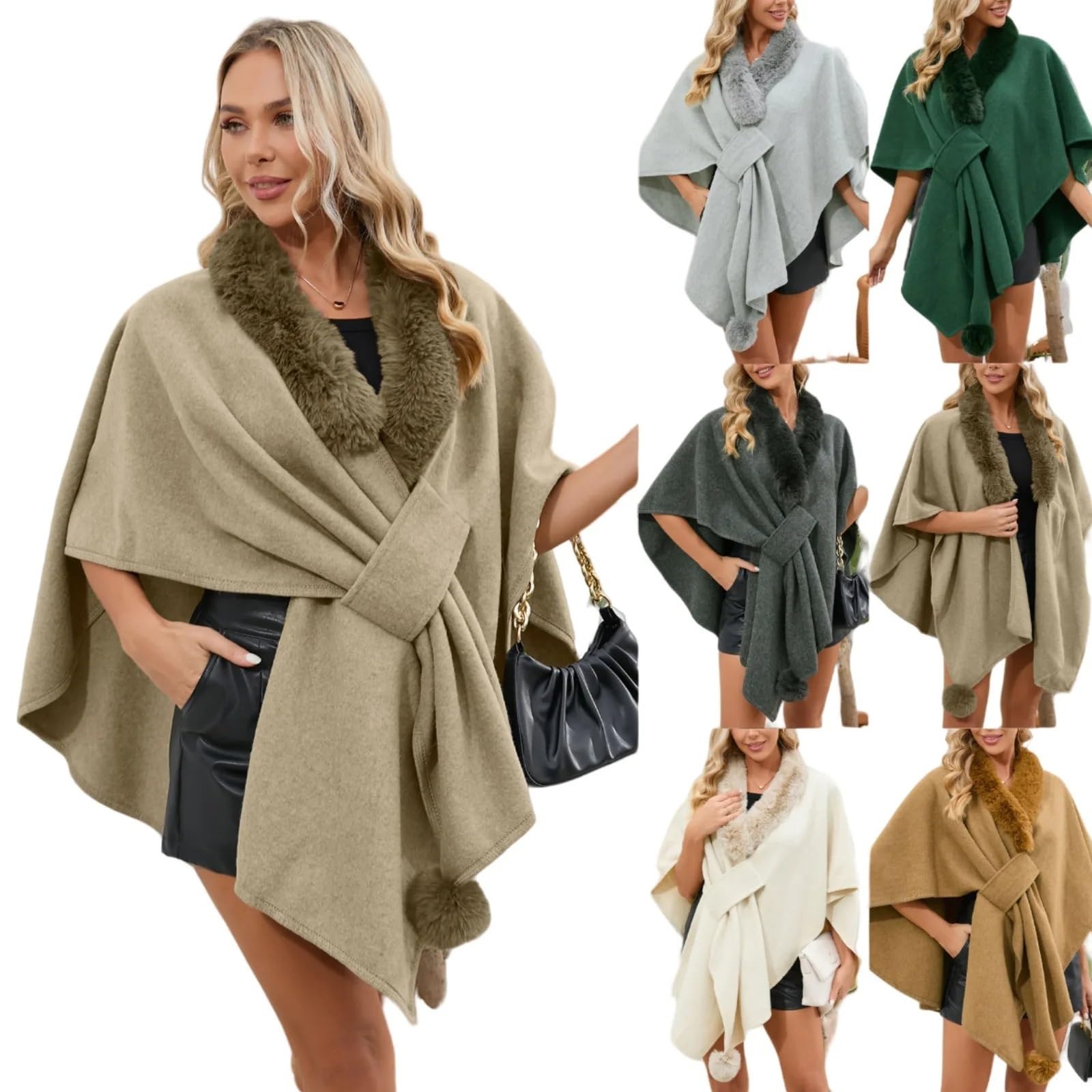 Poncho Mujer Poncho de Cuello de Piel sintética for Mujer, Elegante cárdigan, Chal de Punto, cálido for Invierno, Talla única(Khaki)