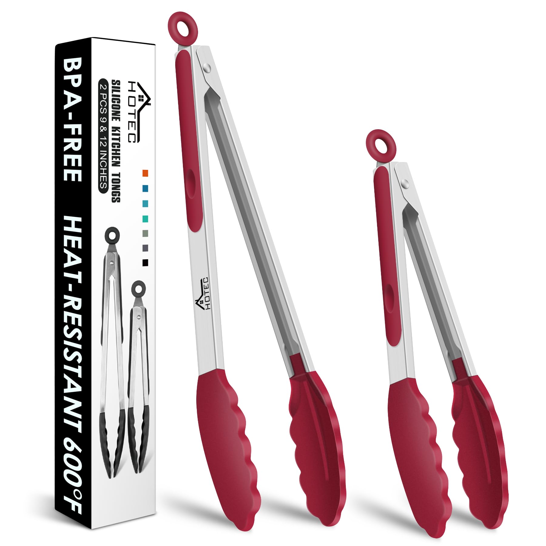 HOTEC Premium Stainless Steel Locking Kitchen Tongs with Silicon Tips, Set of 2-9" and 12"(Red)