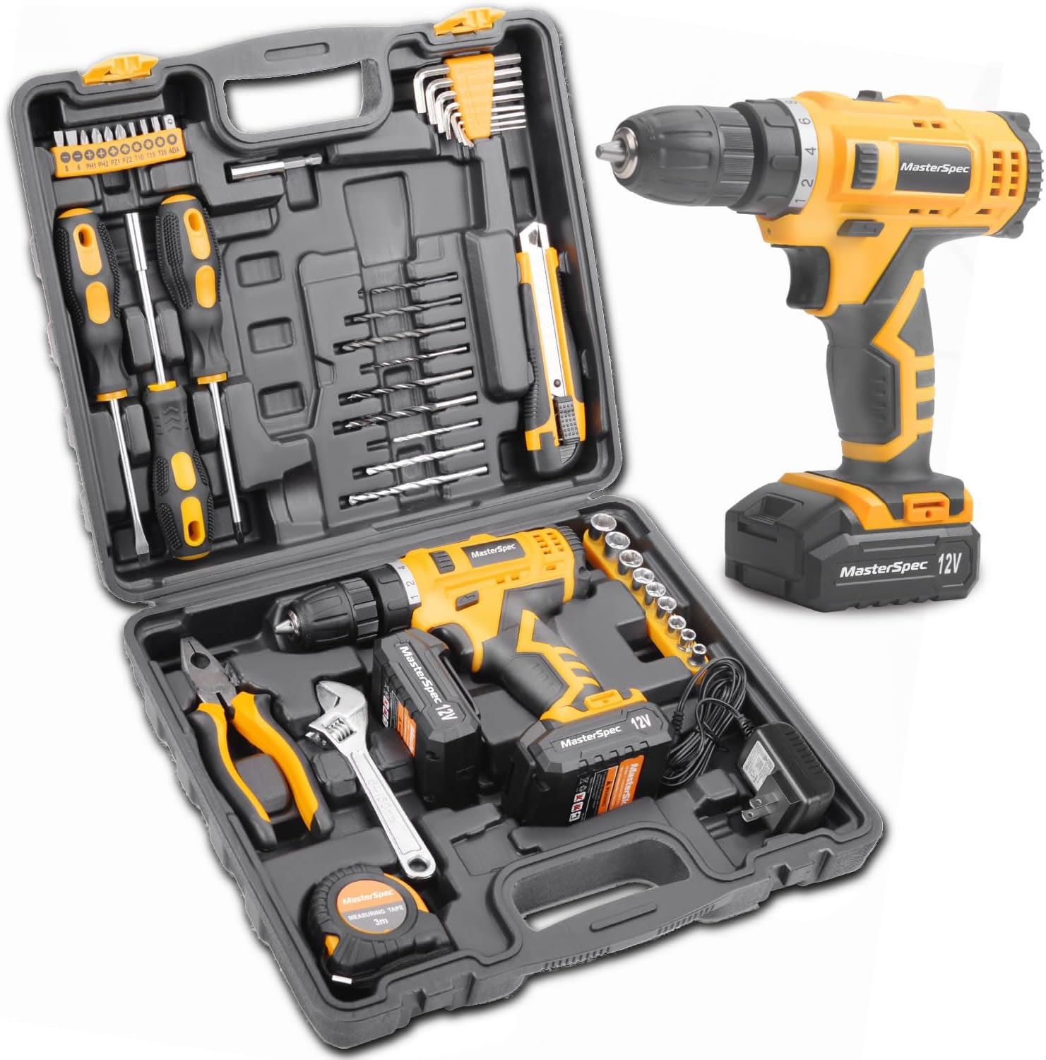 47Pcs 12V Cordless Drill Driver Set Household Hand Tool Kit w/ 2 Batteries