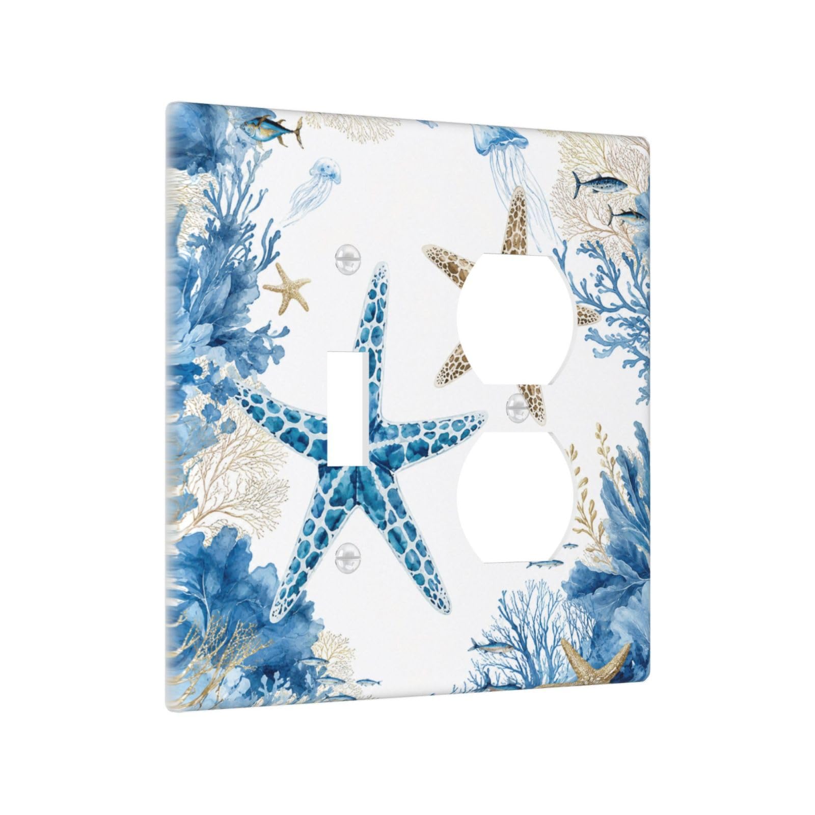 Yamxbfa Blue Starfish Coral Reef Jellyfish Tropical Fish Coasta Decorative Outlet Covers Blue Starfish Coral Reef Jellyfish Fish Coasta 2 Gang Light Switch Cover Plate Single Toggle Duplex Wall Plates Electrical Switch Plate Covers For Bathroom Decor