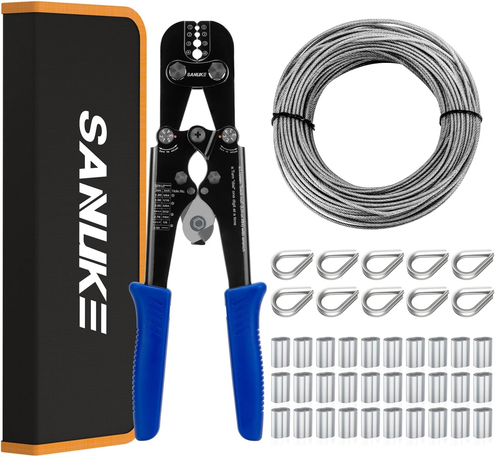 Sanuke Wire Rope Crimping Tool Kit with 33ft 1/8" Stainless Steel Cable 7x7 Strand Core for Aluminum Oval Sleeves, Double Sleeves, Crimping Loop Sleeves from 3/64-inch to 1/8-inch