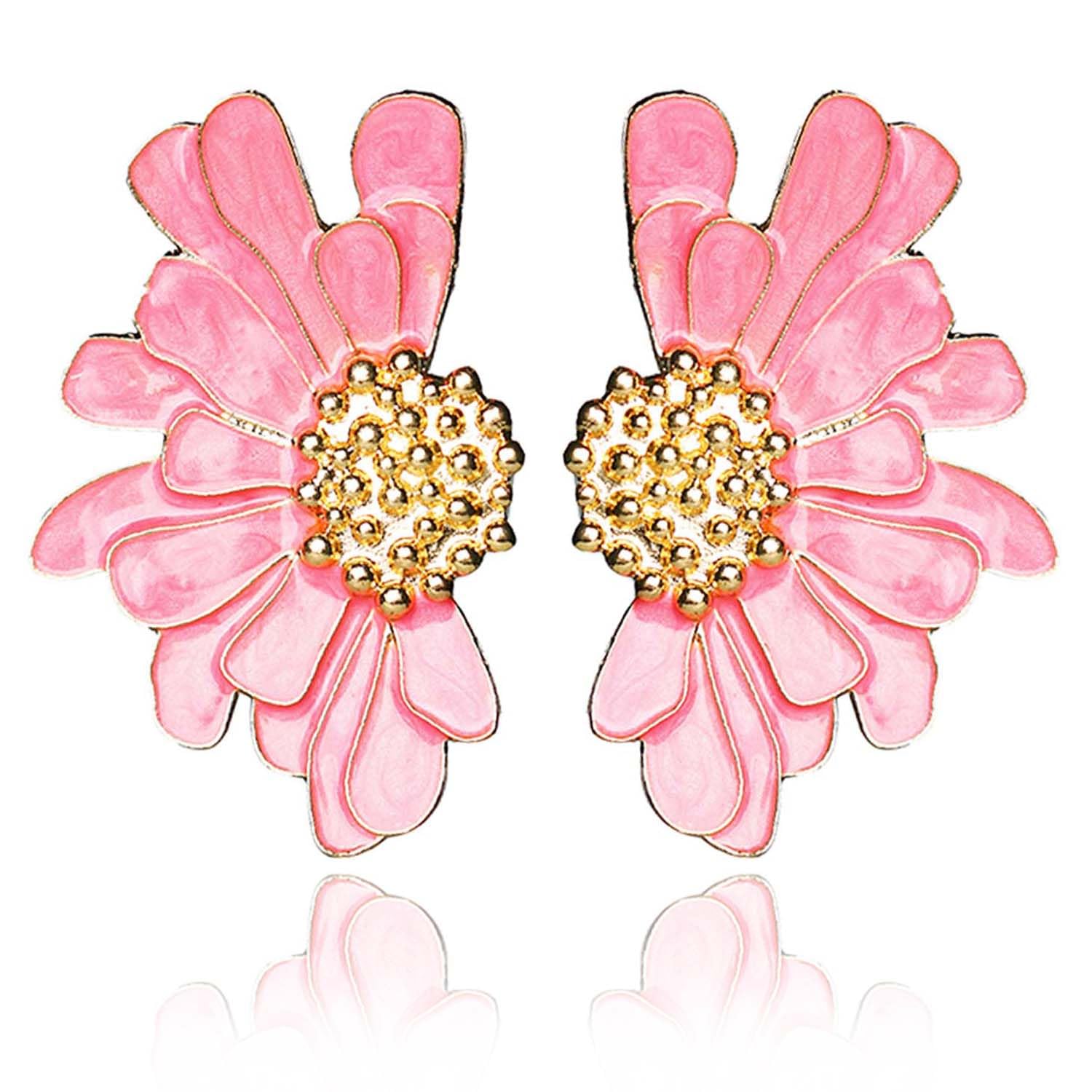 Aksod Pink Flower Stud Earrings for Women Big Floral Earrings Stud Large Pink Daisy Earrings Bohemian Summer Trendy Valentine's Day Earrings Jewelry for Women (Pink)