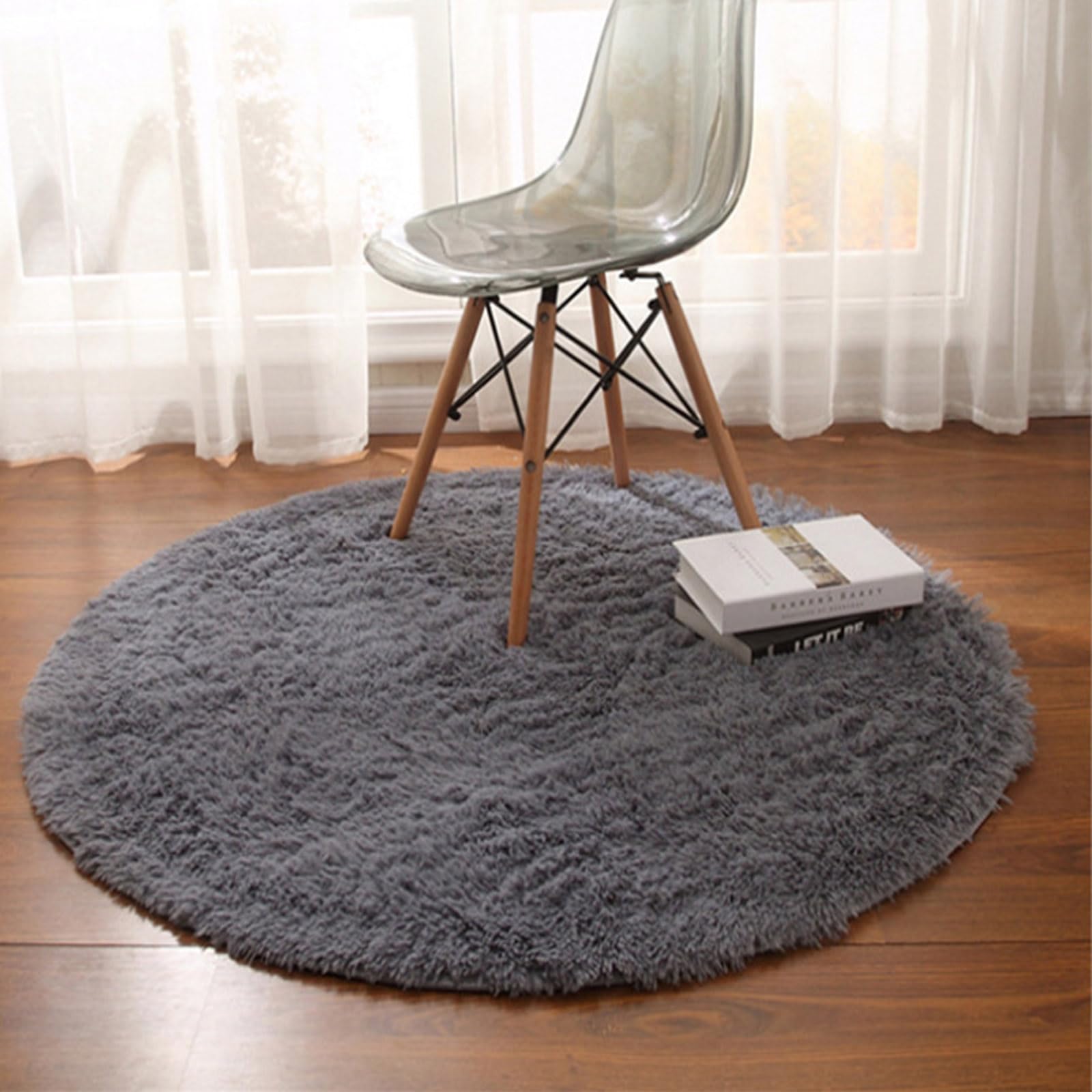 HARESLE Round Rug,Grey Fluffy Bedroom Rugs for Room Non Slip Rugs Washable Rug Soft Carpet Area Carpet for Living Room (Grey,Diam 90cm/35.4in/2.95ft)