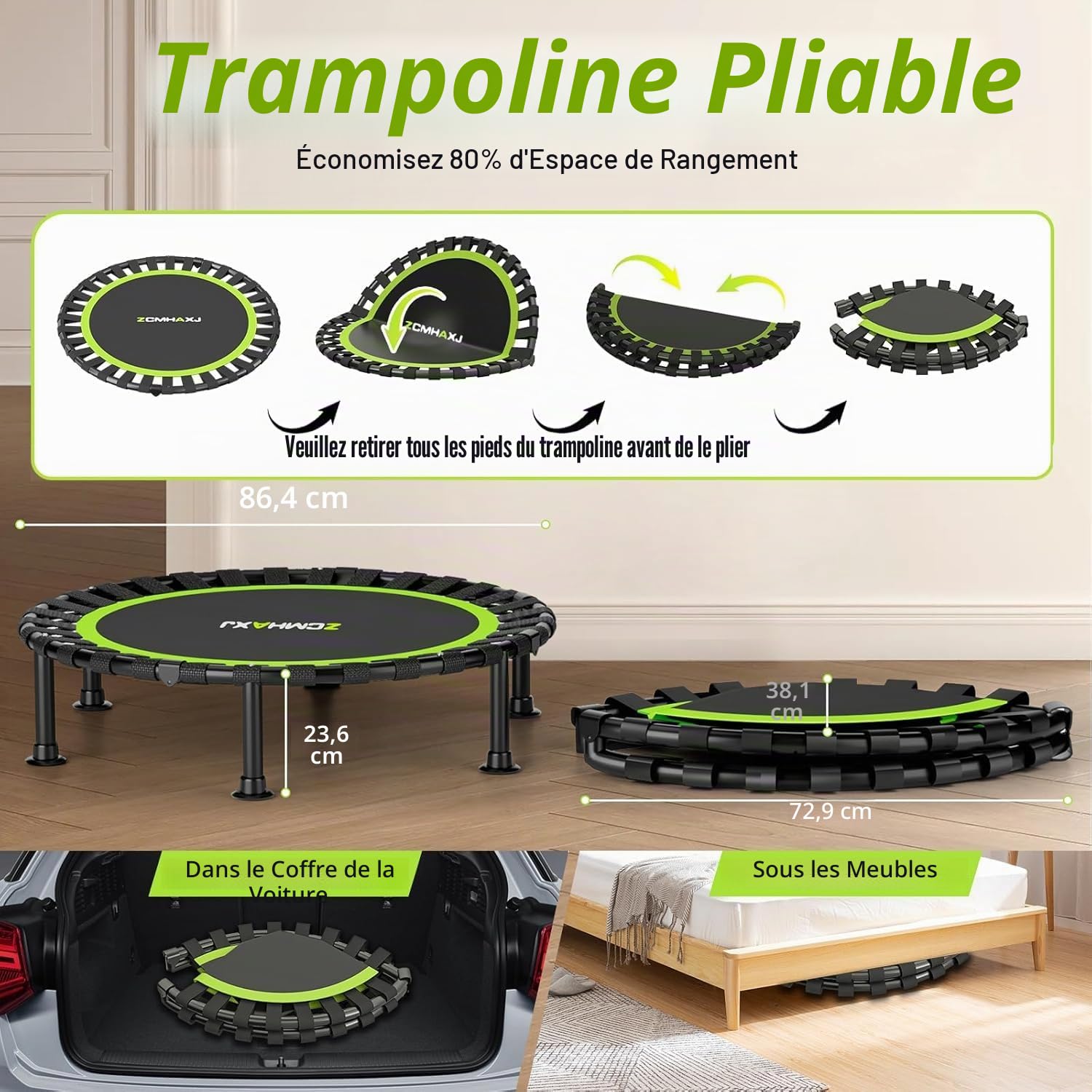 'ZCMHAXJ Foldable Mini Trampoline, 40'' Rebounder Trampoline for Adults & Kids, 450lbs Capacity with/Without U/T-Shaped Adjustable Bar, Indoor Fitness Workout Exercise Equipment'