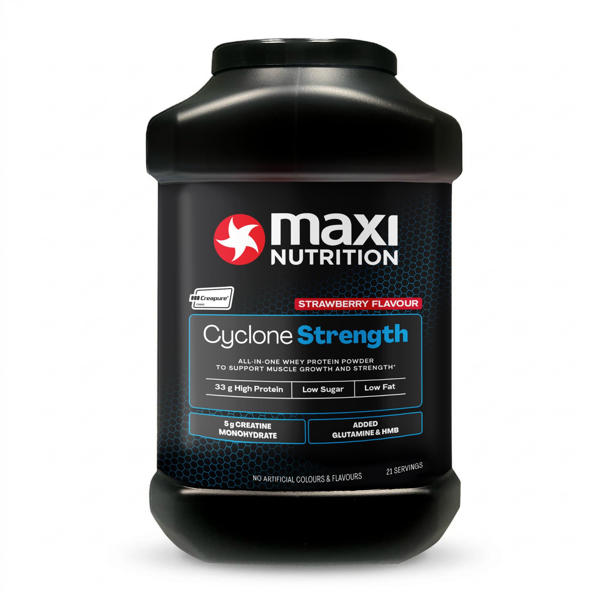 MaxiNutrition Cyclone, Strawberry, Whey Protein Isolate Blend + Creatine, Glutamine & HMB, Added Zinc - Low in Sugar and Fat, 33g Protein per Serve - 1.26kg - NO Artificial Colours OR Flavours