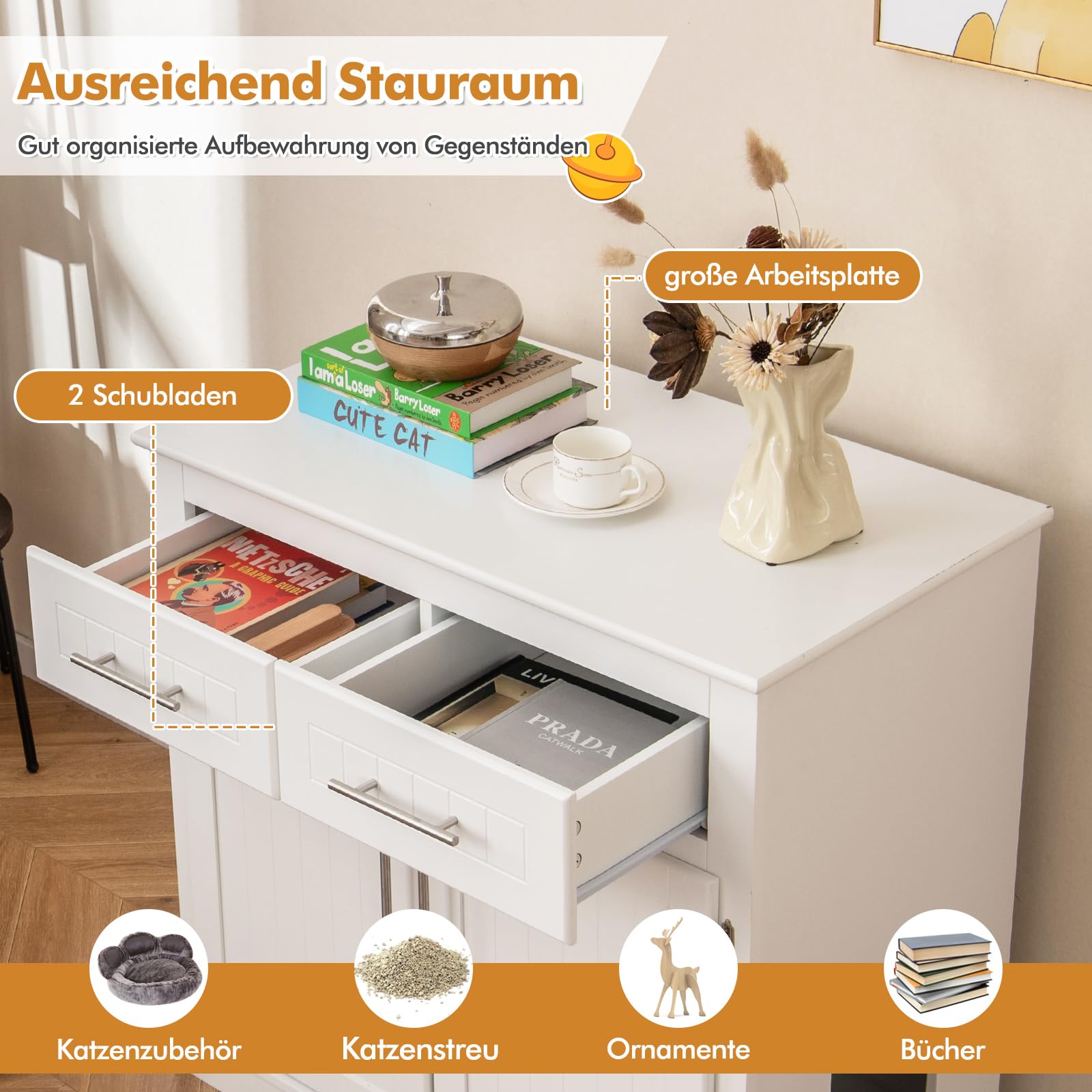 GYMAX Katzenschrank, Katzenklo Schrank 80 x 45 x 80 cm, Katzenhaus mit 2 Türen & 2 Schubladen, Katzenhöhle mit Anti-Kipp-Vorrichtung für Eingangsbereich & Wohnzimmer, Weiß