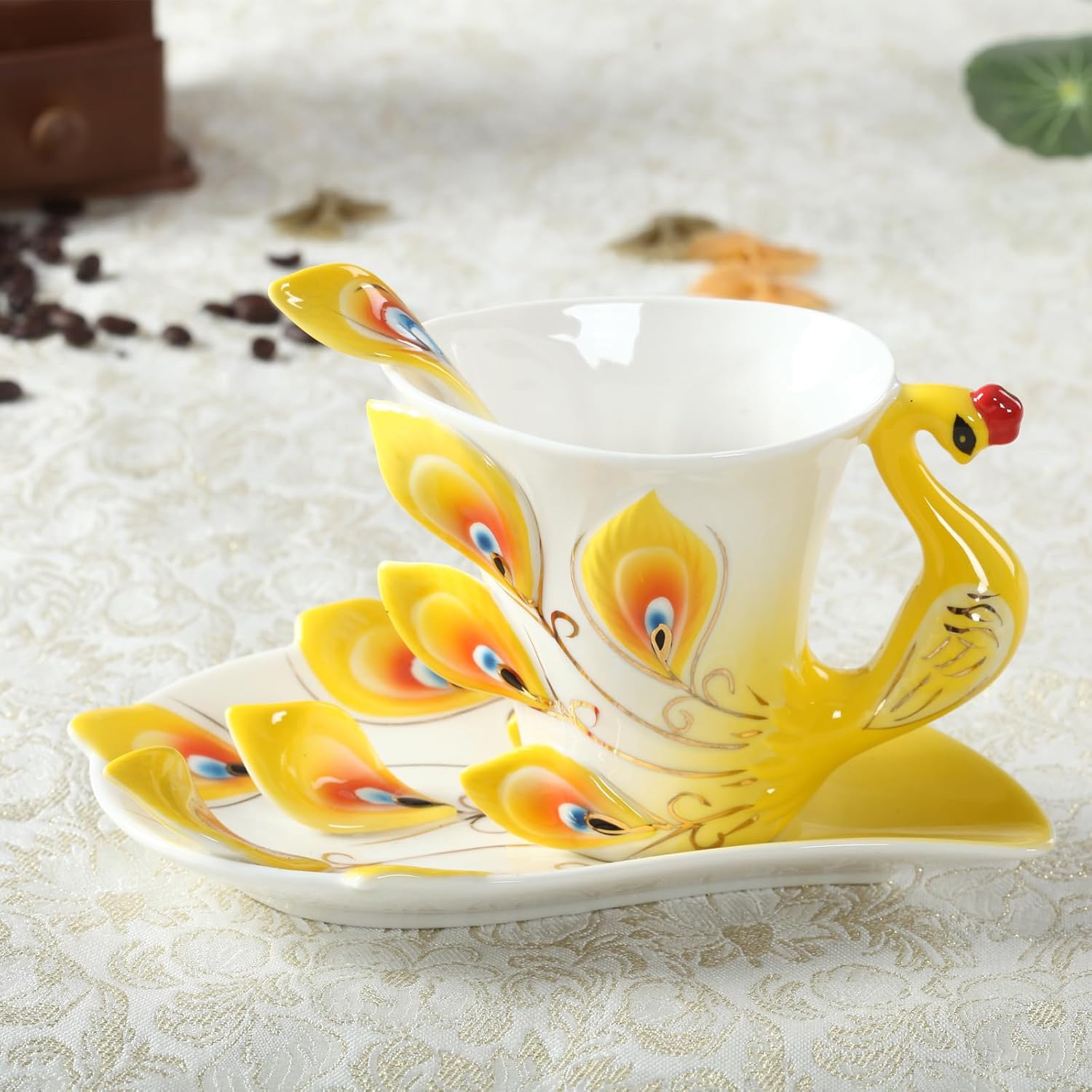 Tea Cups and Saucers (7.5 oz), Peacock Ceramic Tea Cup and Saucer Set with Spoon, Porcelain Tea Set, Handmade Cups Set Europe for Wedding Party Home Afternoon Tea - Yellow