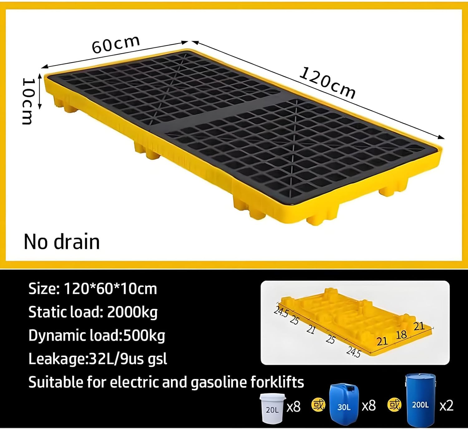 Modular Spill Containment Pallet with Drain & Grating, Stackable Heavy-Duty Tray, 50-4000kg Capacity, 120x60x10cm, Ideal for Safe Liquid Storage