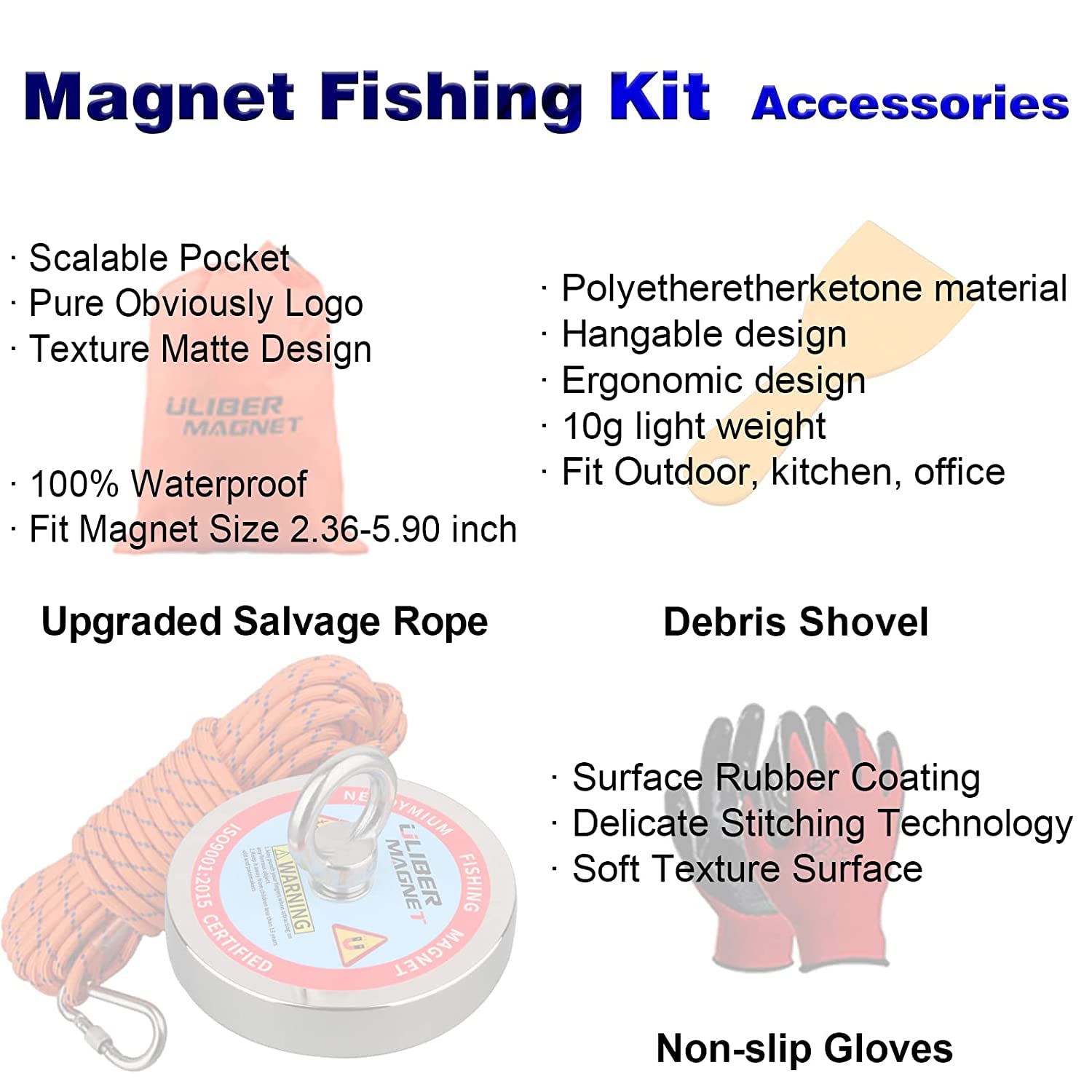 Kit da pesca magnetico 600 kg Forza di trazione verticale magnetica, magnete al neodimio robusto N52 con corda resistente da 15 m, magnetico per recuperare tesori nei fiumi..