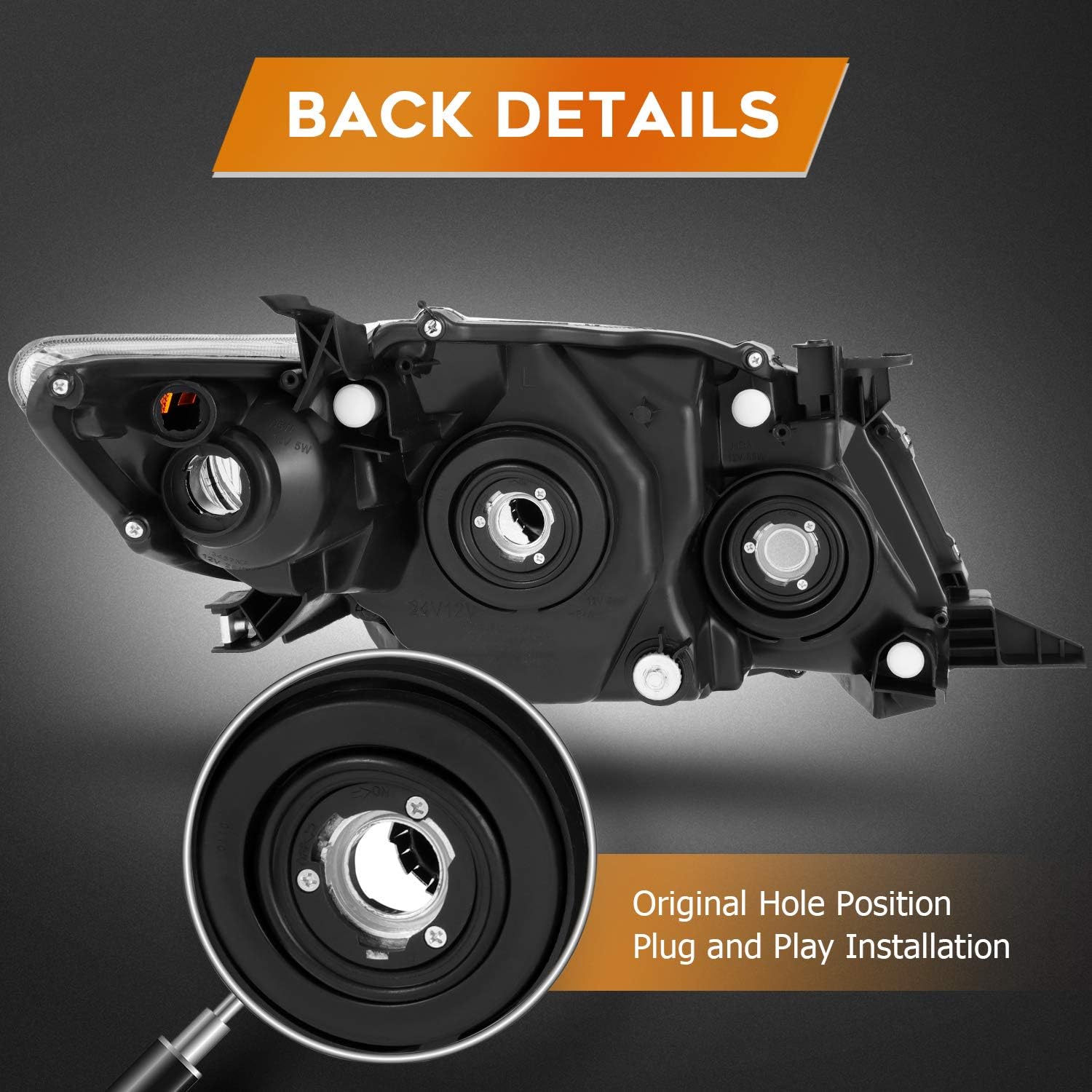 Headlight Assembly for Toyota Corolla 2009 2010 Black Housing Amber Reflector Clear Lens Driver and Passenger Side Headlamp