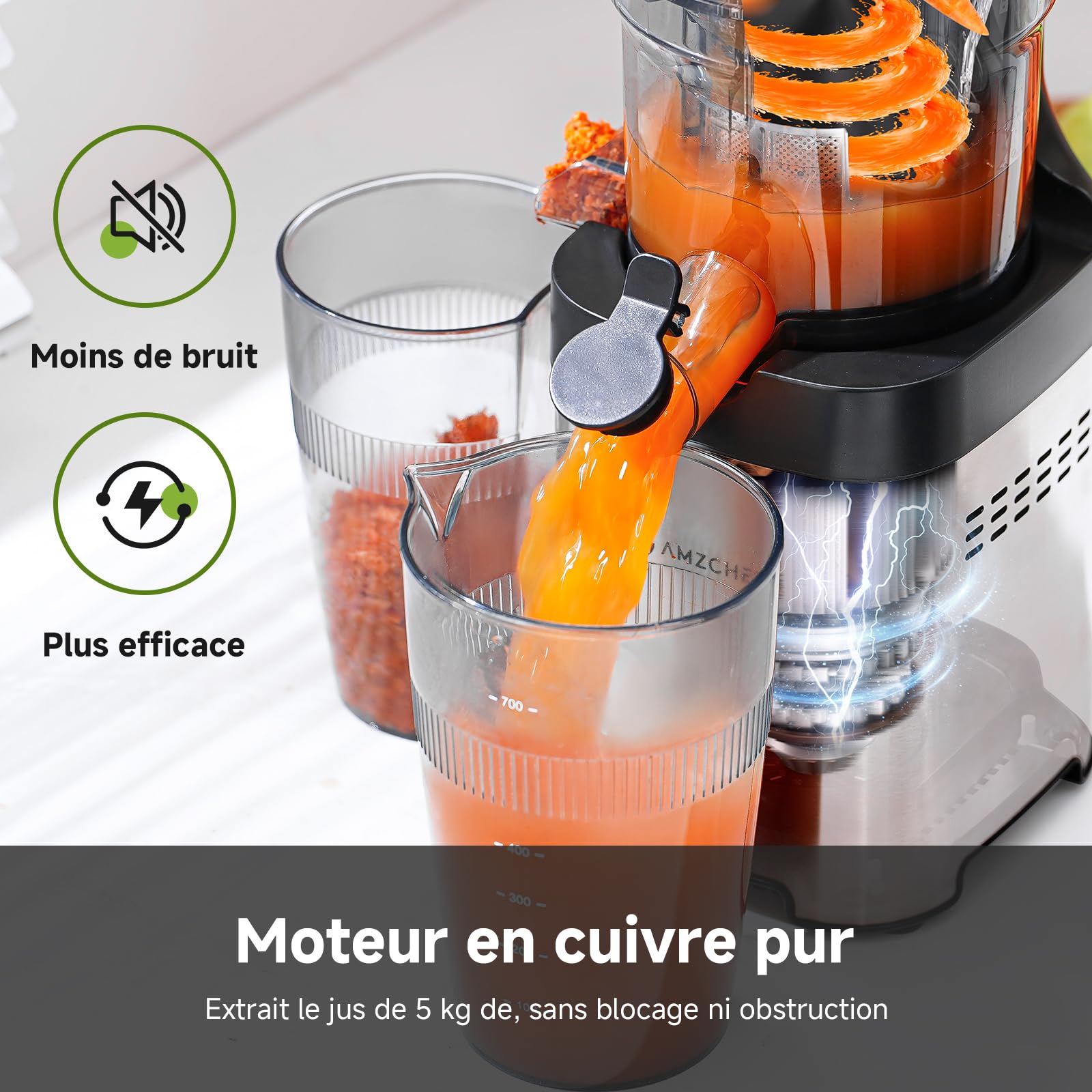 AMZCHEF 120MM Slow Juicer Machine à Jus de Fruits et Légumes Extracteur Vertical Argent