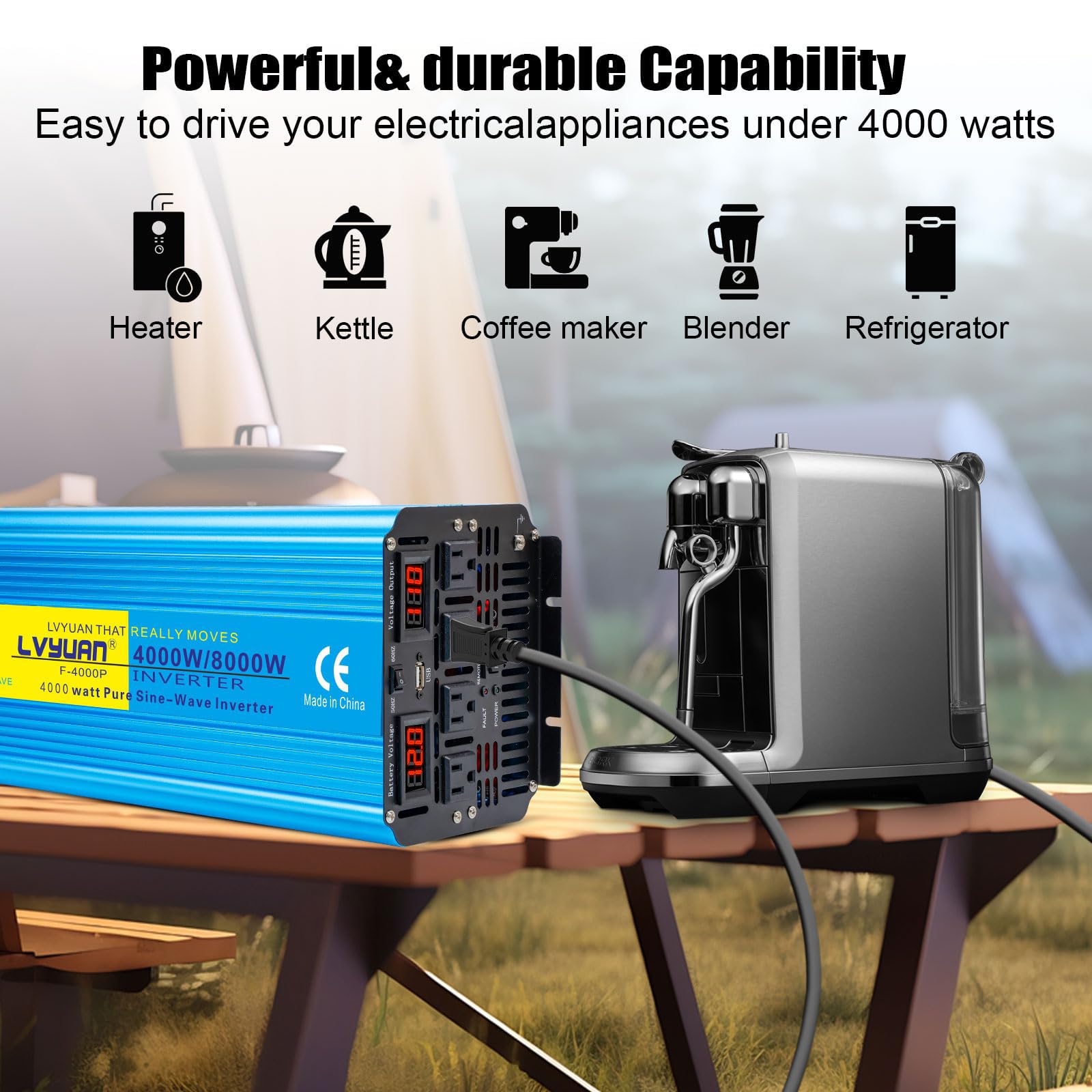 Yinleader 4000W Pure Sine Wave Power Inverter 12V DC to AC 110V-120V Converter for Family Vehicle RV Truck Solar System/Road Trip/Camp/Emergency w/4 AC Charger Outlets LED Display Remote Controller