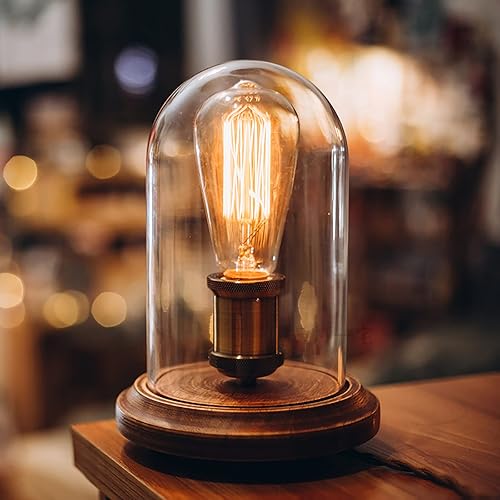 Lámpara de escritorio retro vintage con base de madera, pantalla de vidrio, lámpara Edison bombilla incluida, interruptor de control de atenuación