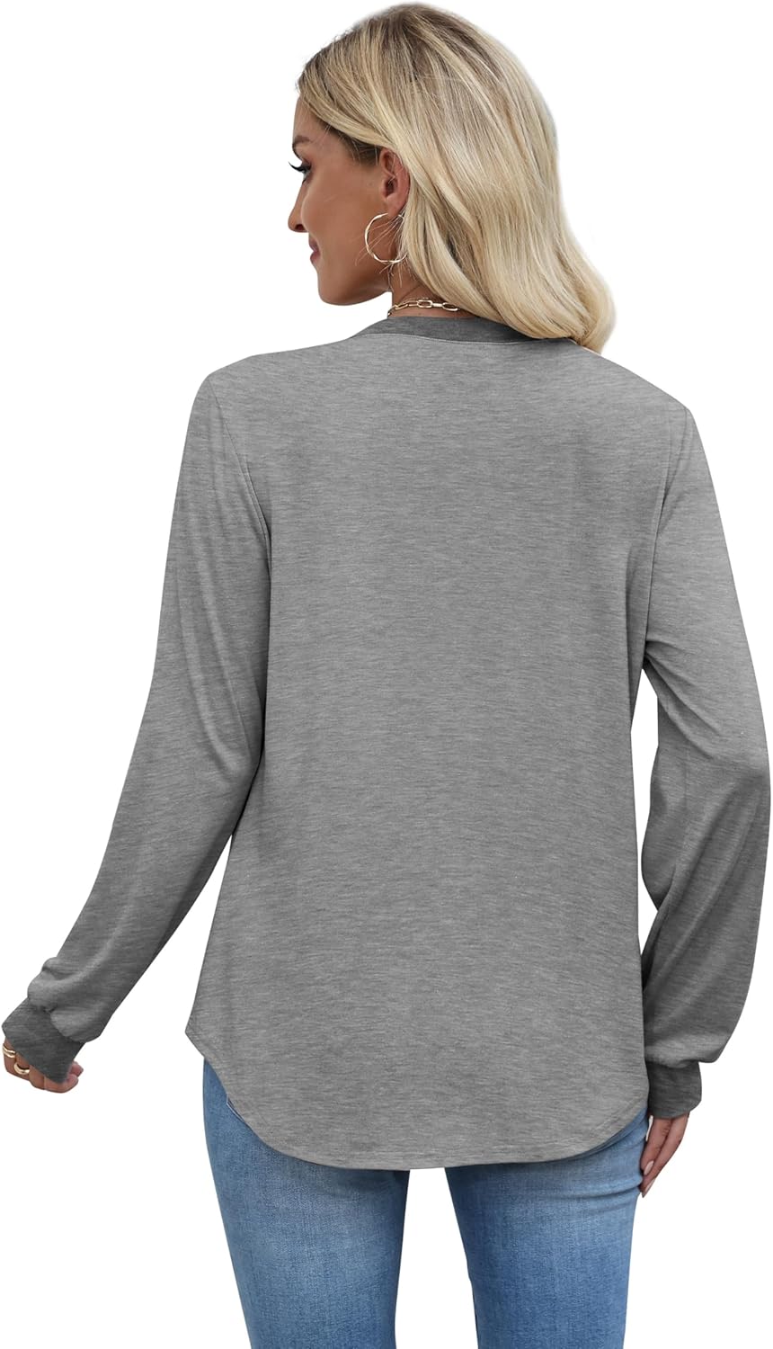 Womens Long Sleeve Tops Color Block Long Sleeve Shirts for Women Fall Fashion 2025 Crew Neck Business Casual Tops Basic Tees Clothes Grey XL - Image 5