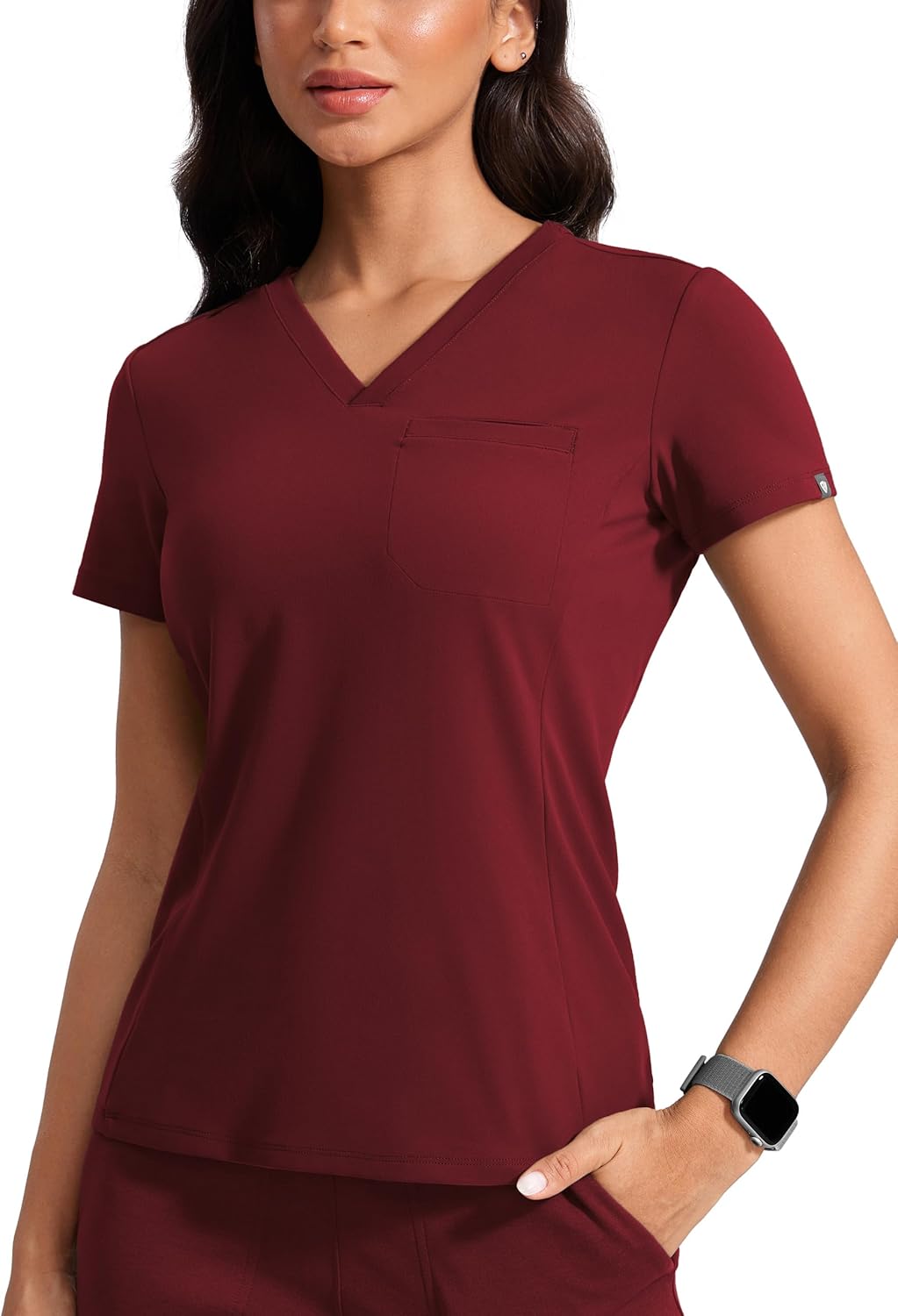 Womens V-Neck Scrub Top 4-Way Soft Stretch Medical Shirts with Pocket Slim Fit Nurse Tees Breathable Workwear