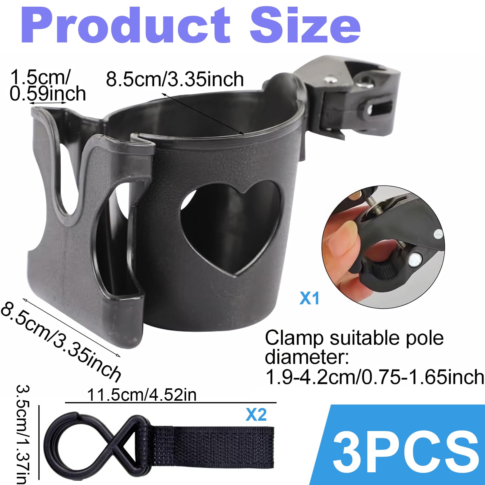 Set de portavasos universal, con portavasos en forma de corazón y 2 correas con ganchos, caja de almacenamiento para teléfono, desmontable y portátil, para botellas de agua, bicicletas(negro)
