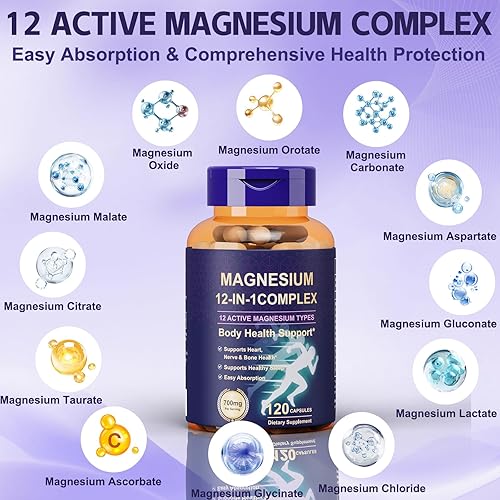 Miniatura 2 de Suplemento Complejo de Magnesio 700mg - Apoya el sueño, los músculos, la energía, los huesos y la salud general - Glicinato de magnesio, citrato,