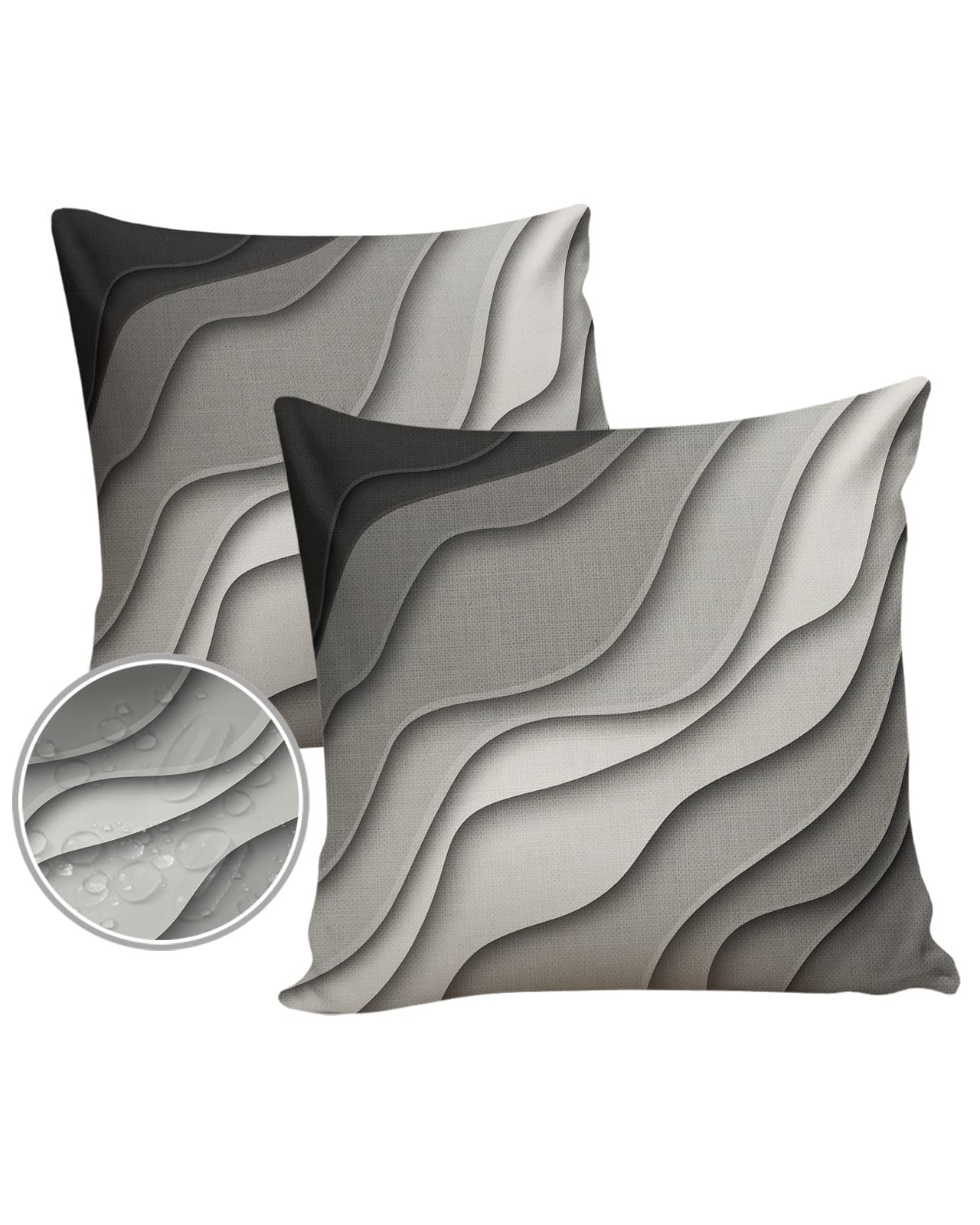 Outdoor Pillows Waterproof Pillow Covers Set of 2, Abstract Wavy Ombre Gray Polyester Throw Pillow Covers Garden Cushion Case for Patio Funiture Sofa Decoration, 18x18inch, Modern Geometric Stripes