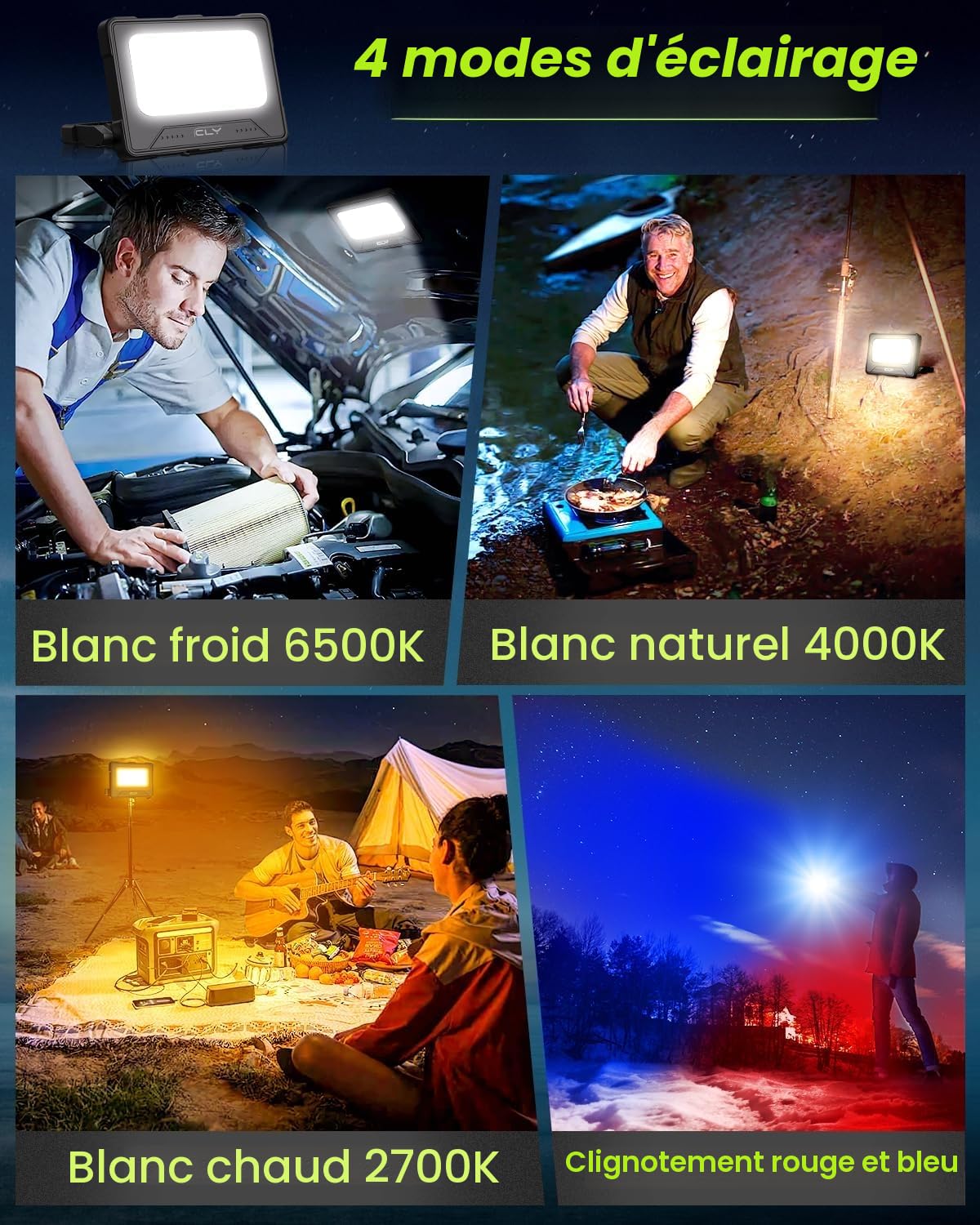 CLV Projecteur LED Rechargeable USB 60W 12000MAH Projecteur Chantier Portable Magnétique 4 modes d'éclairage et 5 niveaux de luminosité Batterie externe d'urgence avec Panneau Solaire pour Camping