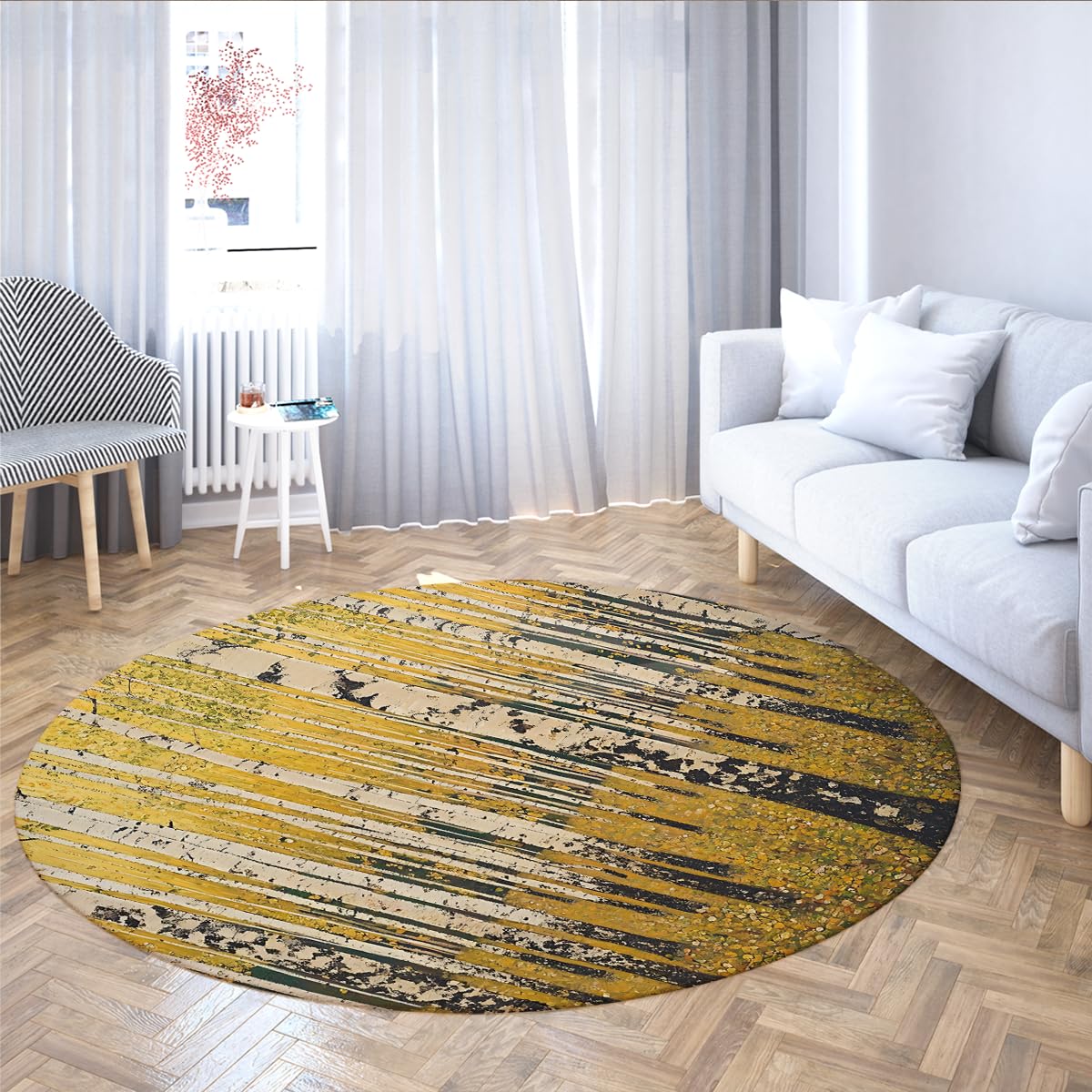 Herbst Wald Runder Teppich Birke Szene Gelb Kreis Bereich Teppiche Waschbar Pflegeleichter Nicht ablösender Teppich für Wohnzimmer Balkon Terrasse 200cm