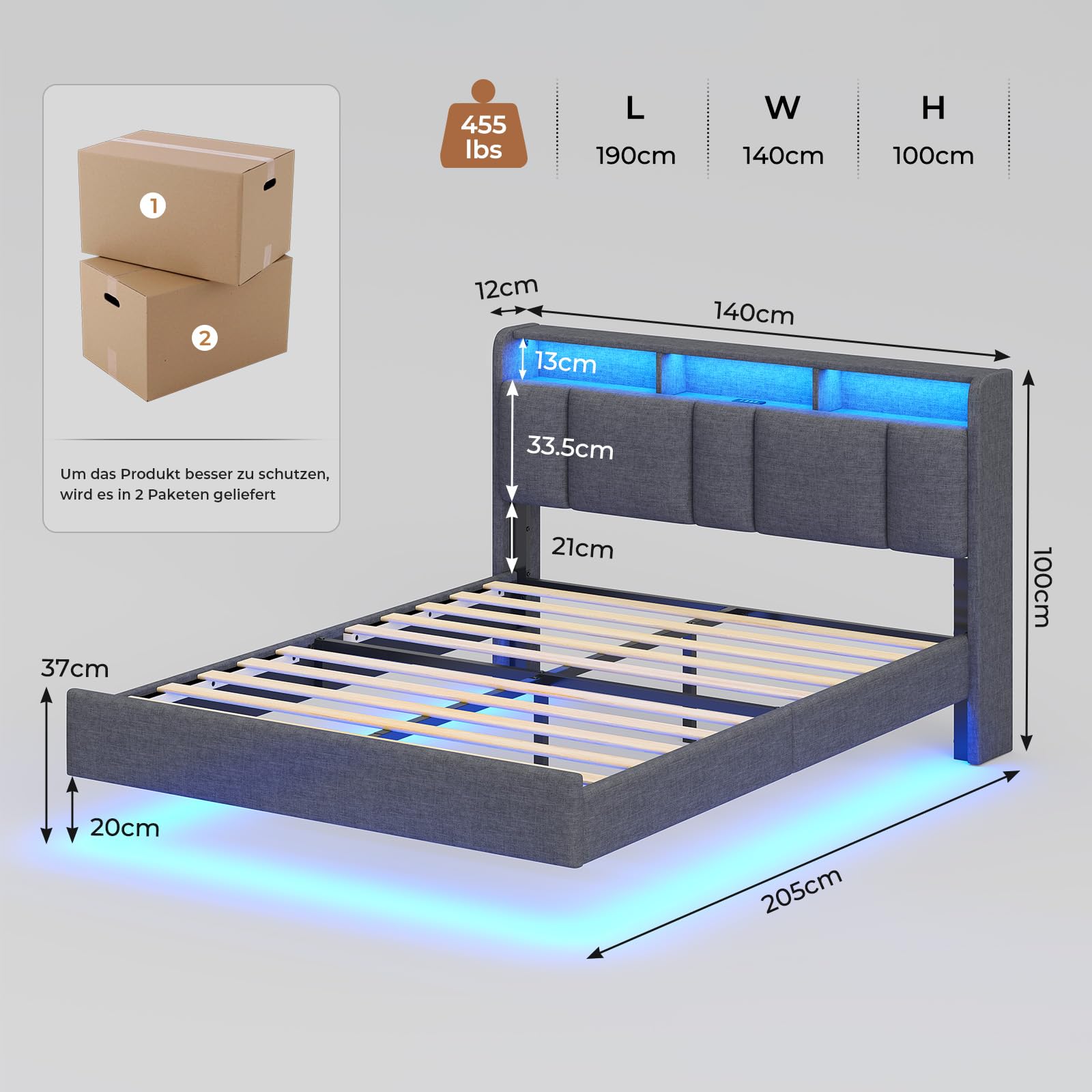 AOGLLATI Lit Double 140x190 avec Multiprise & Éclairage LED, Tête de Lit Rembourrée avec Rangement, Cadre de Lit avec Sommier, Moderne Effet Flottant, Tissu en Lin, Gris Foncé