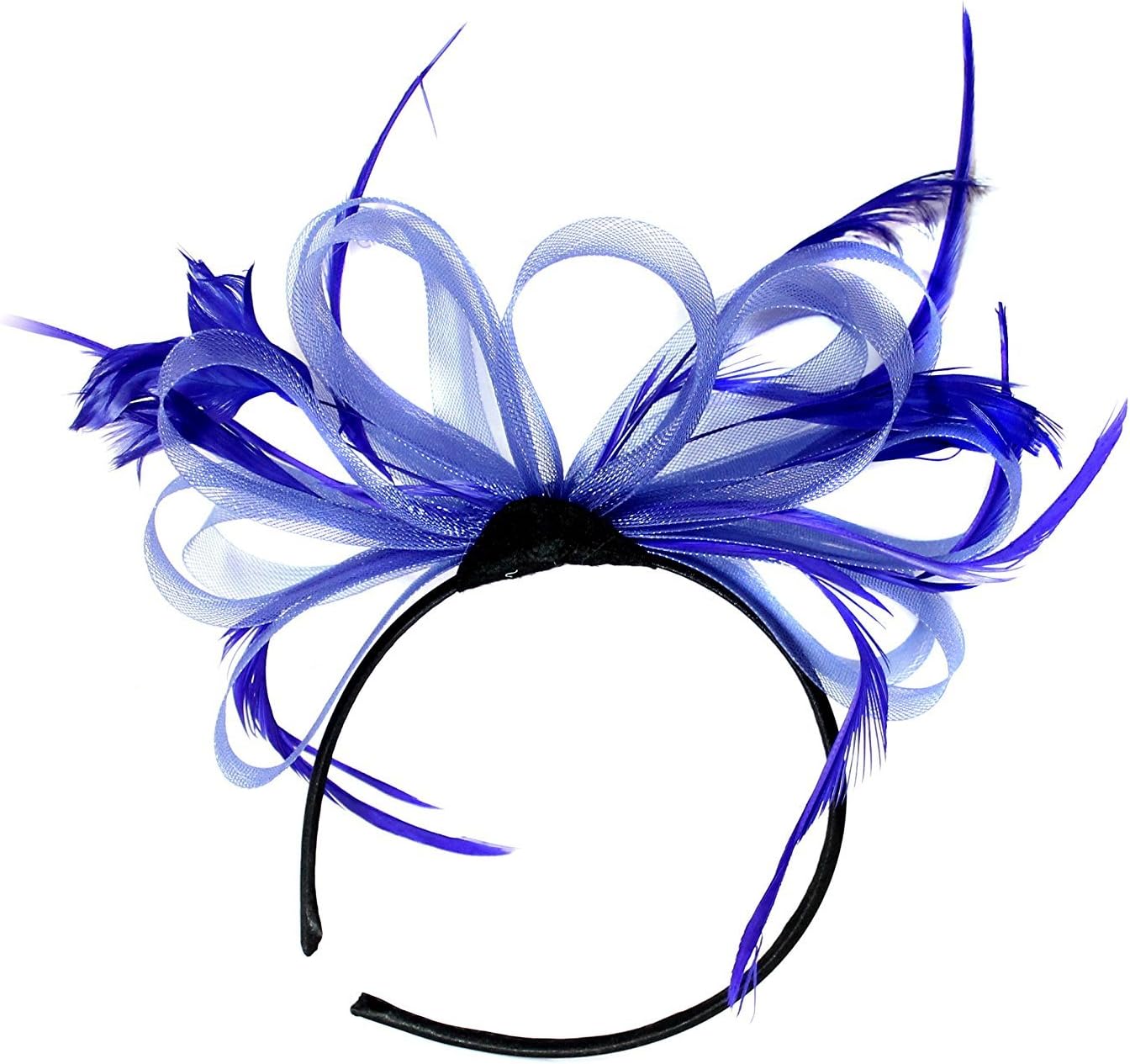 Caprilite Royal Blue Huge Net Hoops Feather Headband Fascinator Wedding Ascot Hair
