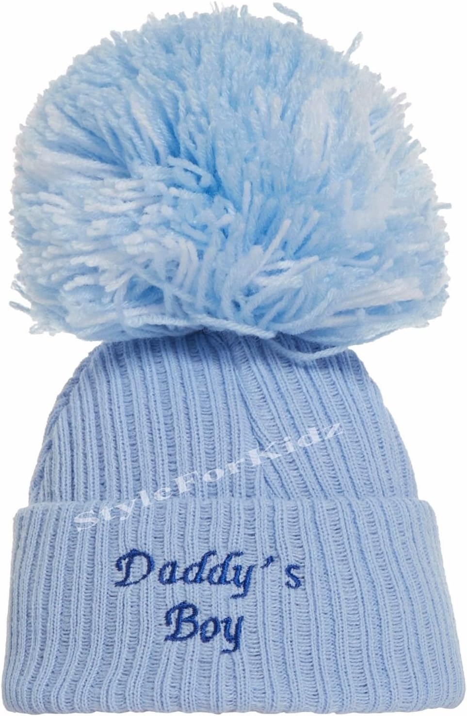 CaseetoSoho Fashions Luxury British Made Baby Boy Mummys Boy Daddys Boy Cute Decorative Frilly Knitted Pom Pom Newborn Baby Hats (Small (0-3 Months), Daddys Boy (Full Blue))
