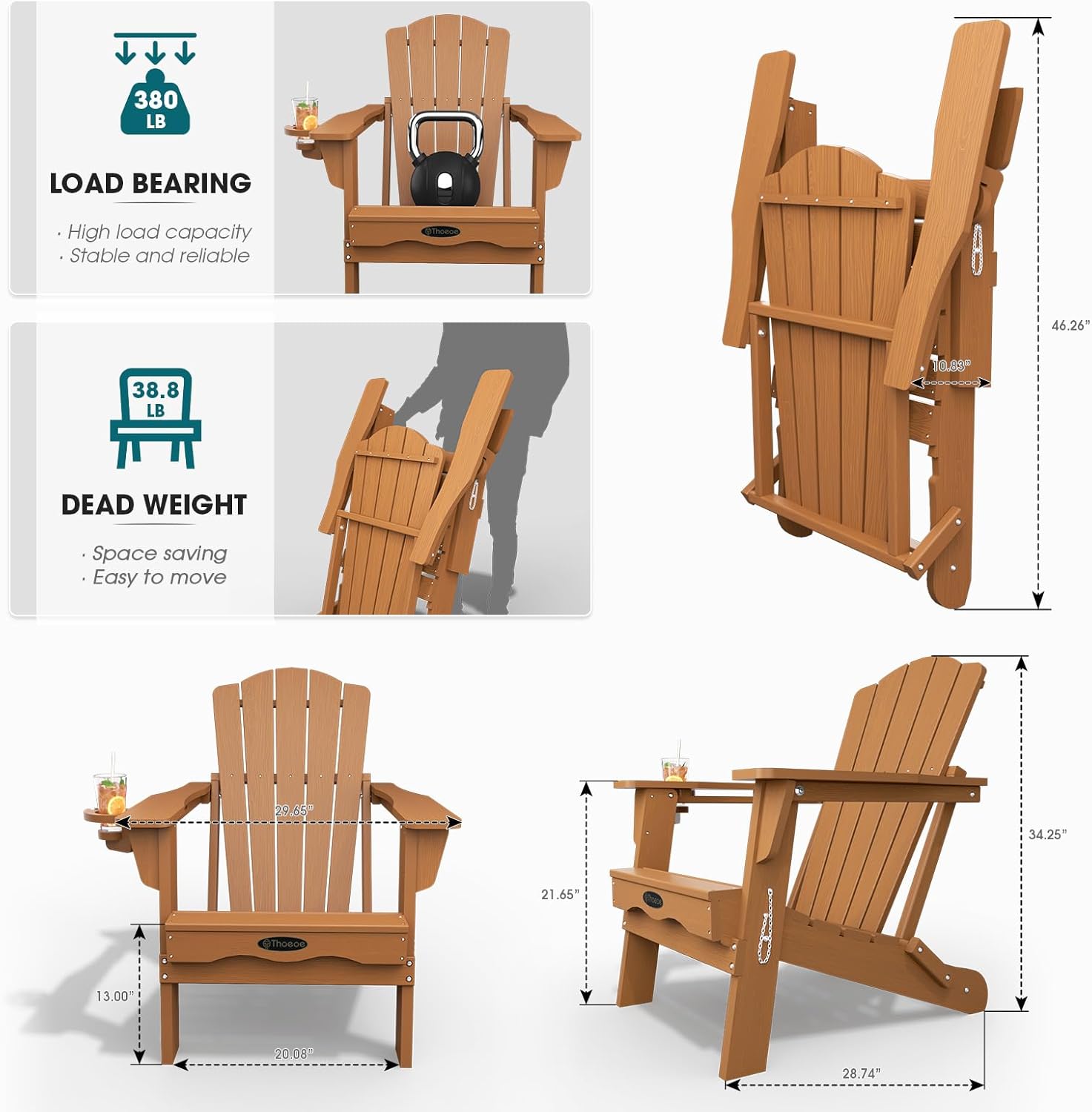 THOEOE Folding Adirondack Chair,HDPE All-Weather Outdoor Chair with Cup Holder,Wooden Textured,Fire Pit Chair,Plastic Patio Chair for Deck,Backyard,Garden,Lawn, Wood