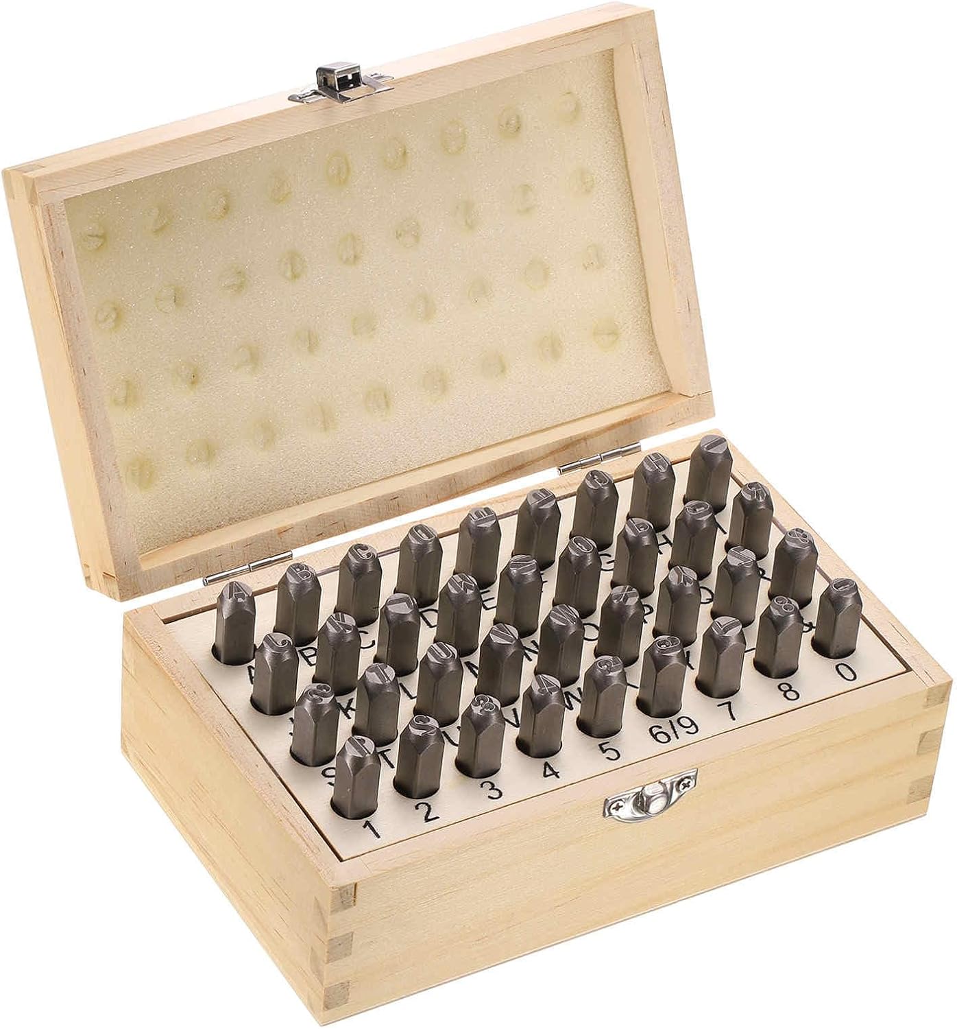 HARFINGTON 36pcs Metal Stamping Kit 1/4" (6mm) Steel Uppercase Letter and Number Punch Set (A-Z / 0-8 / "&" Symbol) Sandblasting Punch Press Tool for Imprinting Metal Plastic Wood Leather