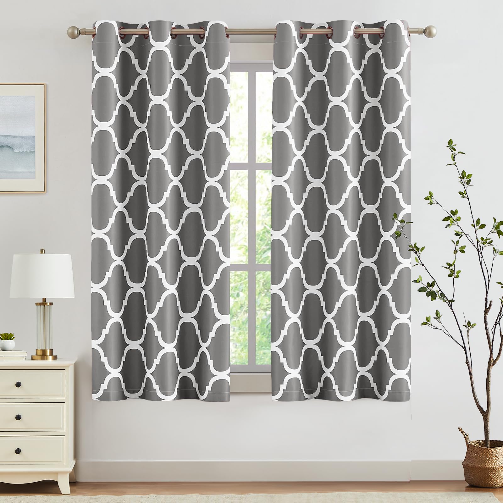 Melodieux Moroccan Printed Room Darkening Blackout Grommet Curtains for Bedroom Small Windows, 42 by 45 Inch, Grey (2 Panels)