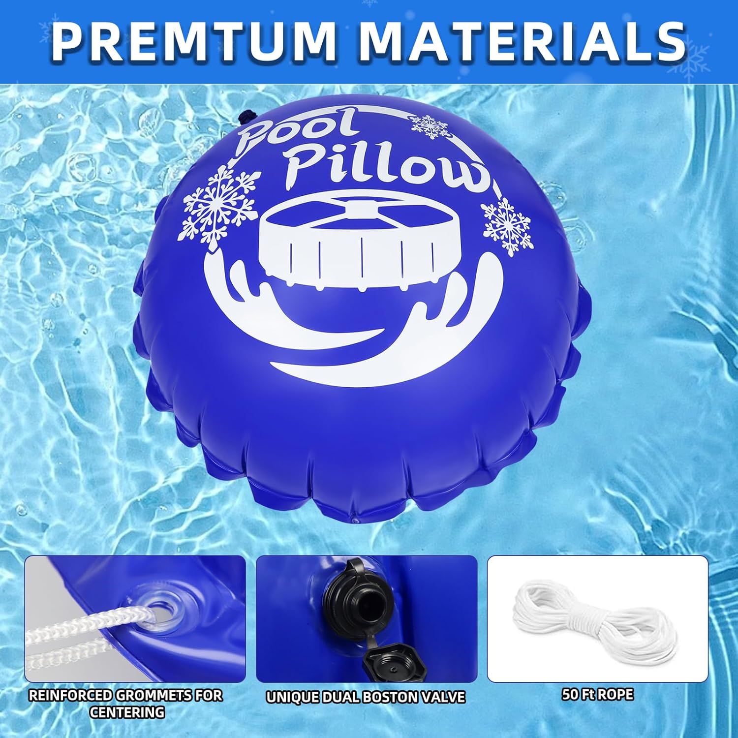 2Pcs 4x4Ft Pool Pillows for Above Ground Pools, 0.4mm PVC Cold-Resistant Air Pillow with 50 Ft Rope, Winterize Closing Kit for Winter Pool Cover