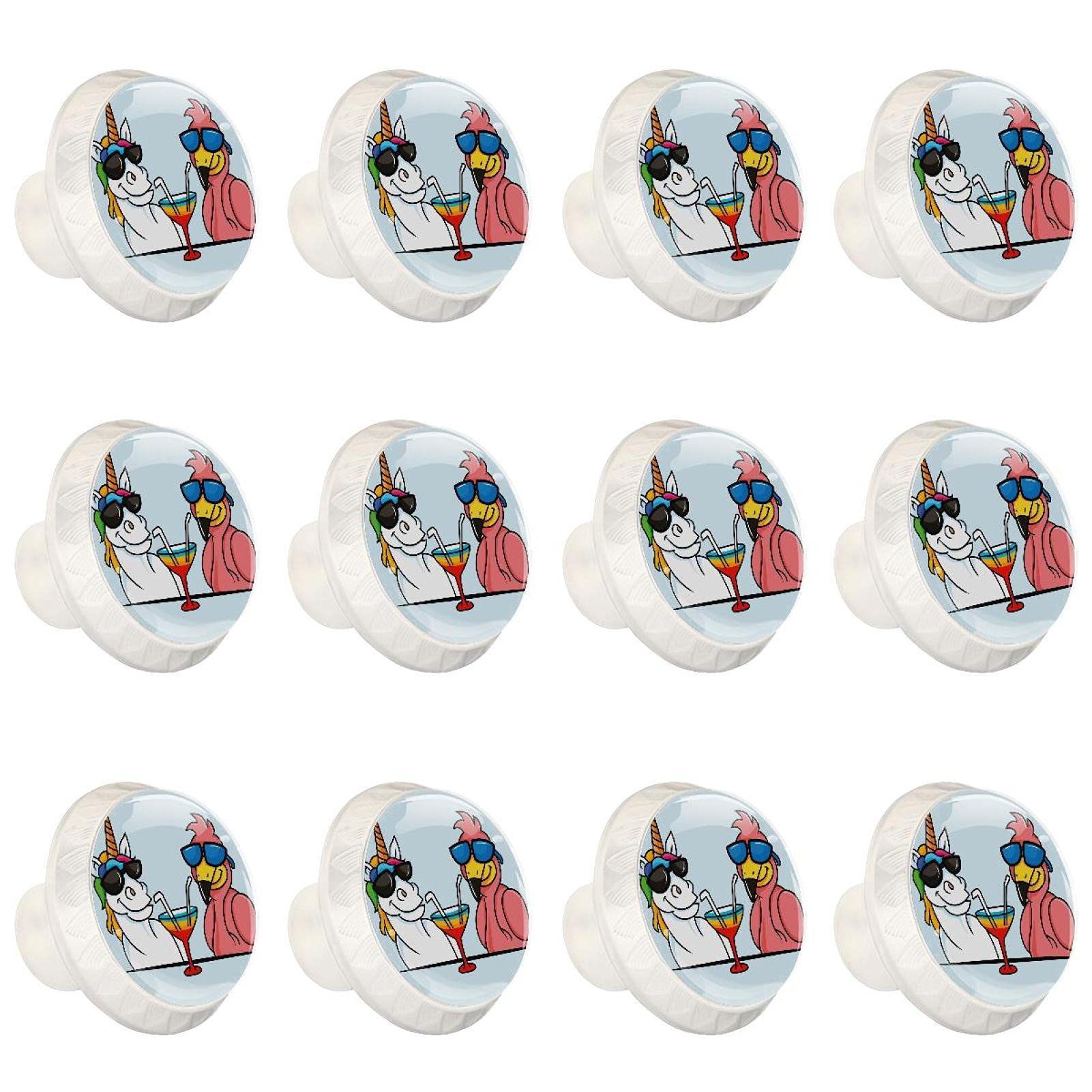 Boutons d'armoires de cuisine licorne et flamant rose poignées de tiroir rondes x12