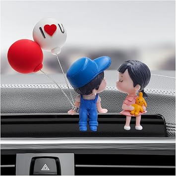 Cute Couple Car Dashboard Decorations, Adorable Car Ornament Lovely Cartoon Couples Action Figure with Balloons, Romantic Resin Ornament Vehicle Interior Decor for Most Vehicles Blue+Red