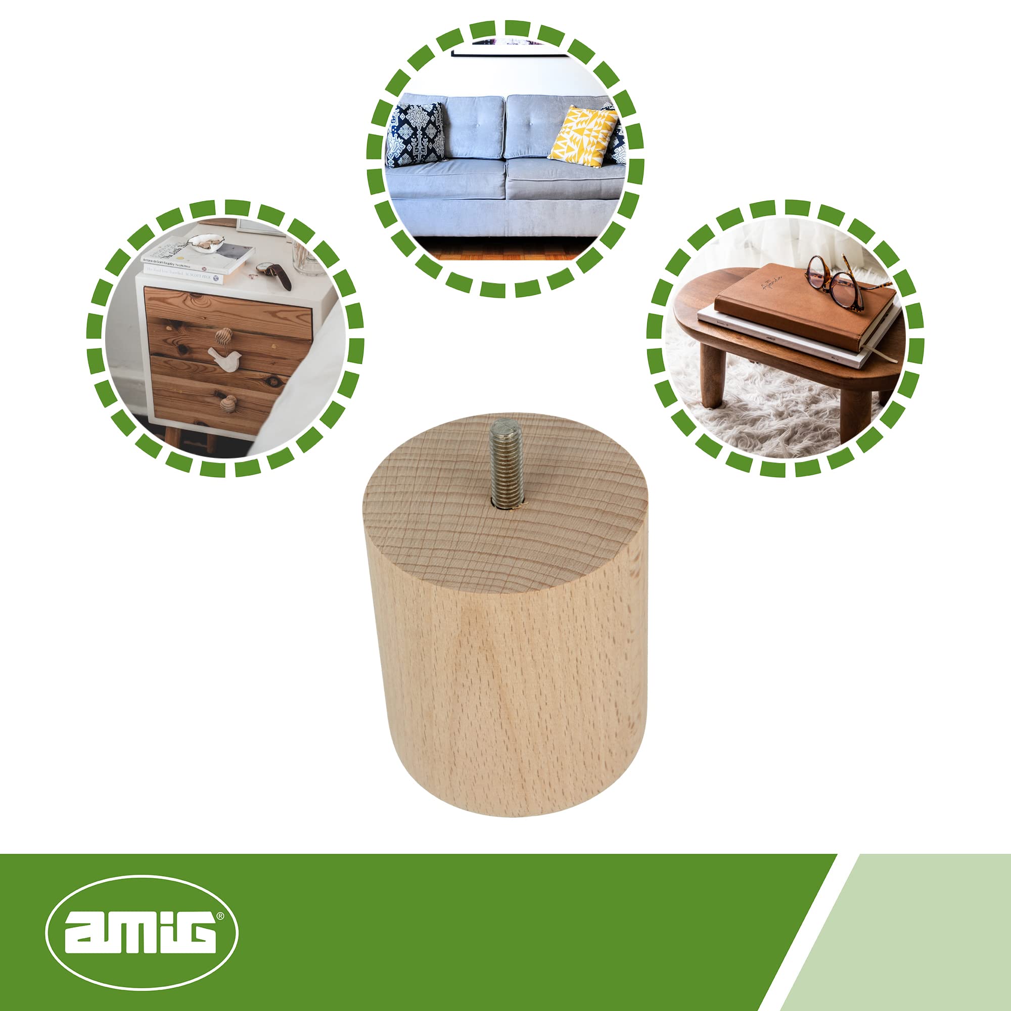 amig - Okrągła nóżka do mebli, Naturalnie wykończona drewniana nóżka, zapasowe nogi do sof, łóżka, stoły, mocowanie: Metric 8 trzpień, pomiary: 68 x 80 mm