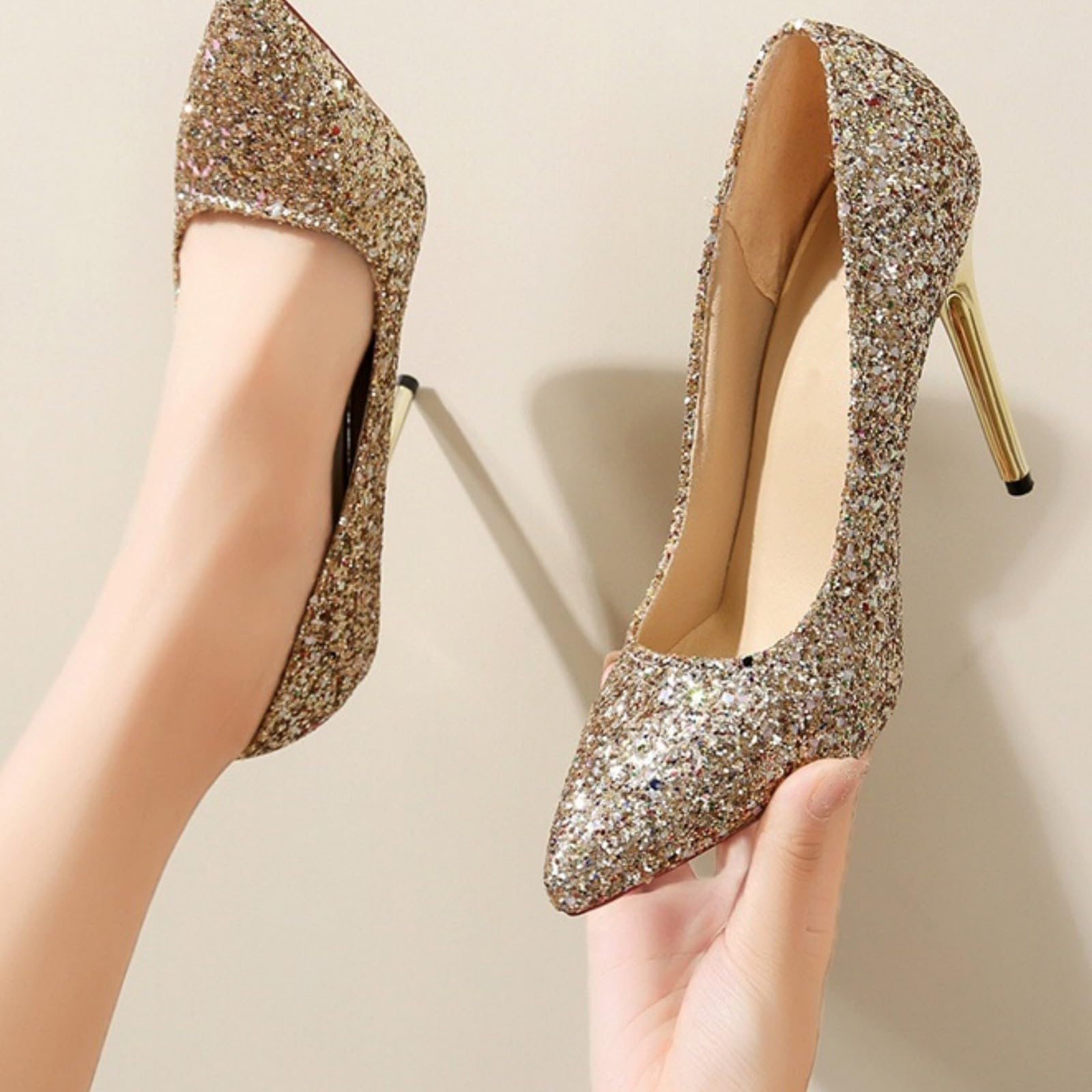 décolleté da donna eleganti con glitter, tacchi alti, eleganti scarpe da sposa | Scarpe da sera senza chiusura, comode scarpe con tacco a punta, scarpe da sposa leggere alte per matrimoni e feste