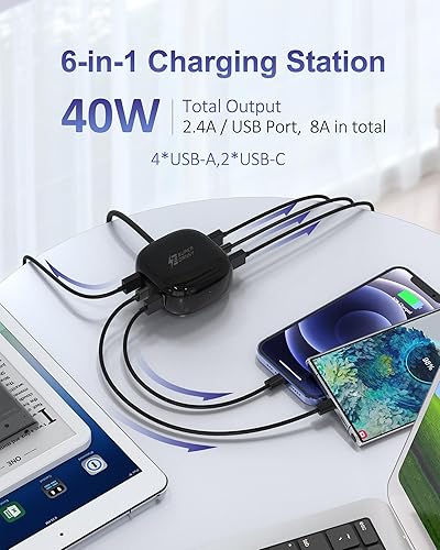 Miniatura 9 de SUPERDANNY Cargador USB de 6 puertos, mini estación de carga USB de 40 W 8 A, estación de carga para múltiples dispositivos, cable de 4 pies,