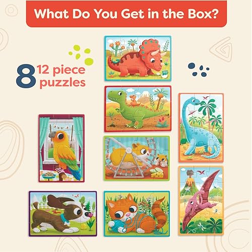 Miniatura 6 de B. toys Pack o' Puzzles 2 Pack Mascotas & Dinos Juego de caja de rompecabezas de madera 2 cajas, 8 juegos 12 piezas 3+ años