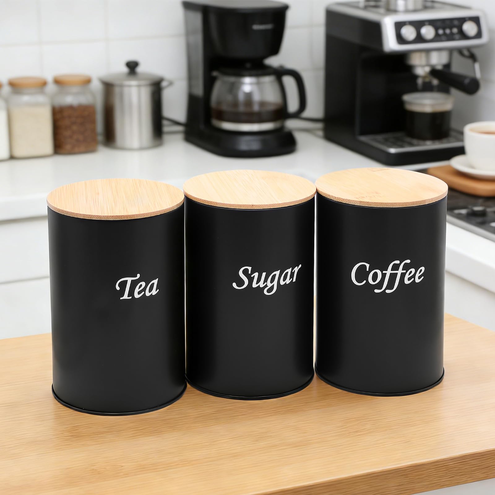 3 Stück Kaffeedose Luftdicht 500 ml Kaffeebohnen Behälter mit Holzdeckel, Kaffeedose Schwarz Matt Kaffee Aufbewahrungsdose, Kaffeedosen Tupperware Kaffeebehälter für Gemahlenen Aufbewahrung