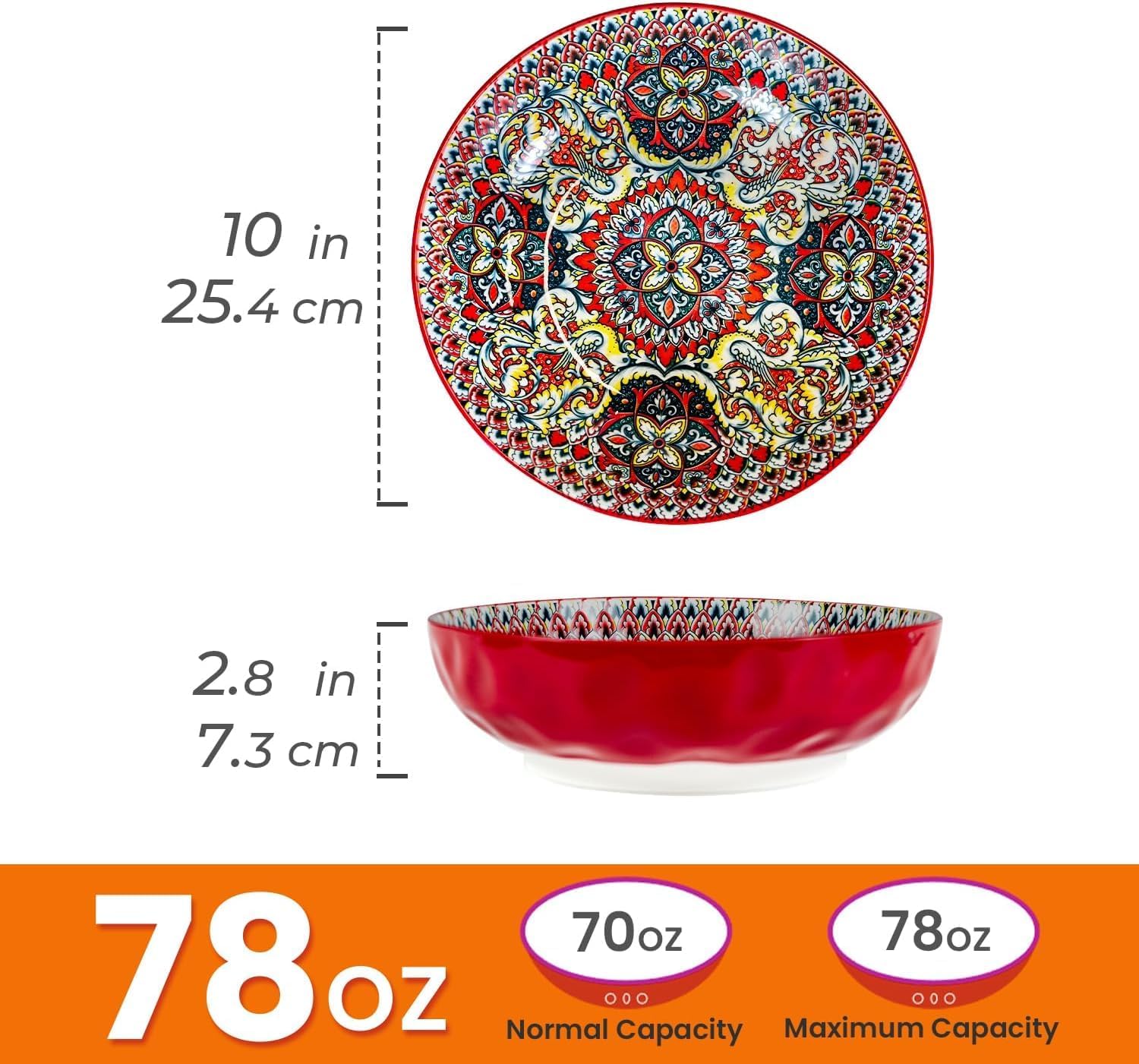 Large Serving Bowls Set of 2, 78 Oz 10 Inch Bohemian Ceramic Salad Pasta Fruit Bowls for Entertaining, Dishwasher & Microwave Safe, Red AND Orange