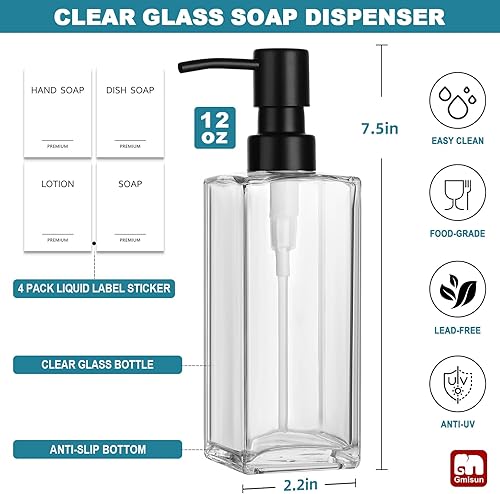 Miniatura 2 de GMISUN Dispensador de jabón de vidrio con bomba de acero inoxidable, dispensador de jabón de manos transparente para baño, dispensador de jabón de