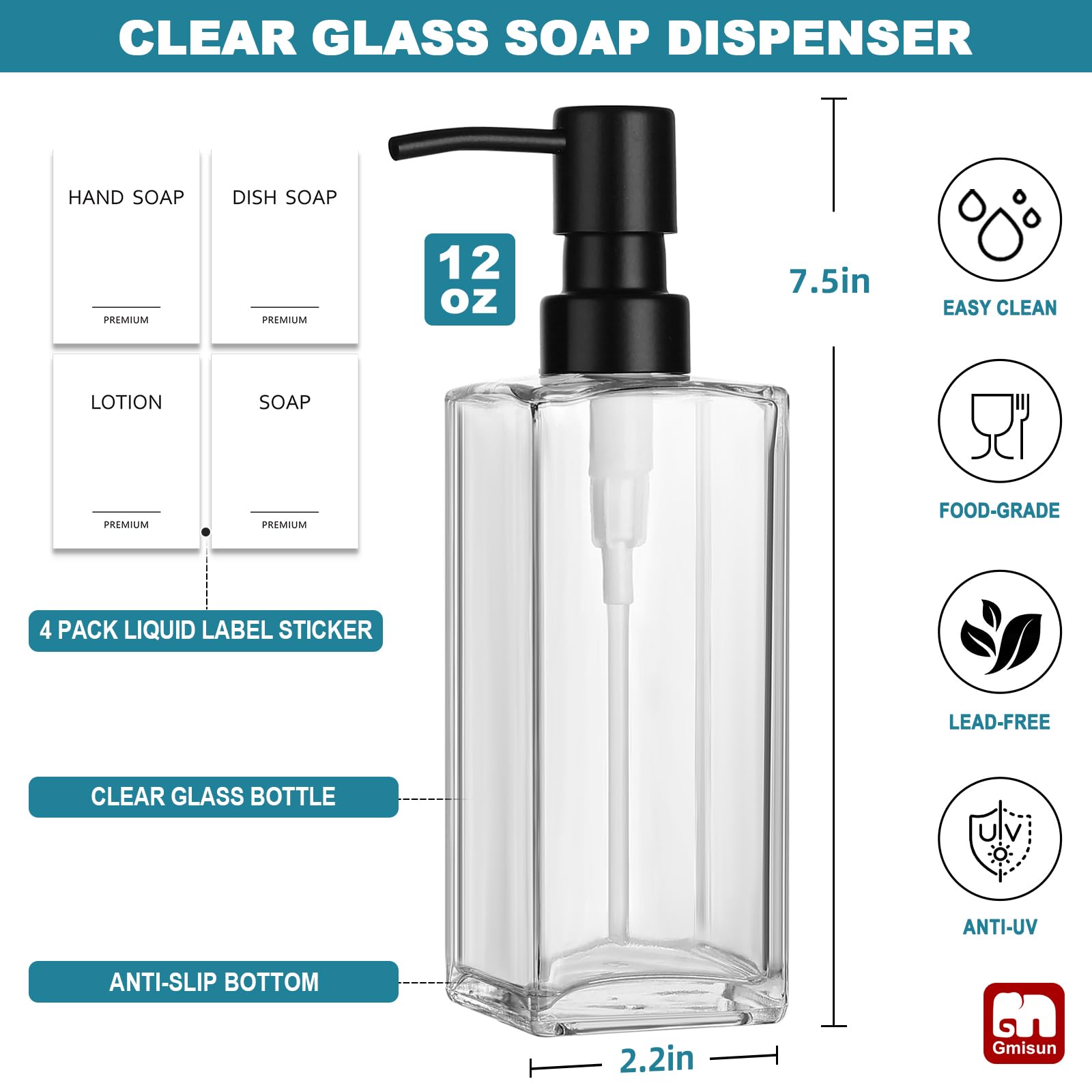 GMISUN - Dispensador de jabón de vidrio con bomba de acero inoxidable, dispensador de jabón de manos transparente para baño, 350 ml, juego de dispensadores de jabón de manos y platos para cocina