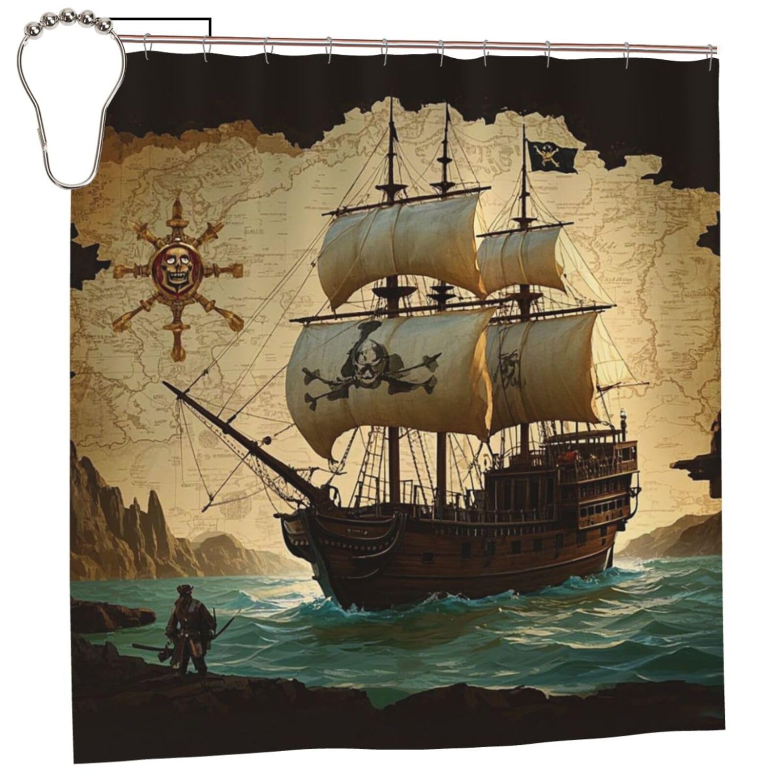 FodPand Vintage Map Pirate Ship Shower Curtain 70"x70" Waterproof Long Bathroom Curtain Heavy Duty Thick Cloth Bath Curtain Set with Hooks, Modern Abstract Art Pattern Bathroom Shower Curtains