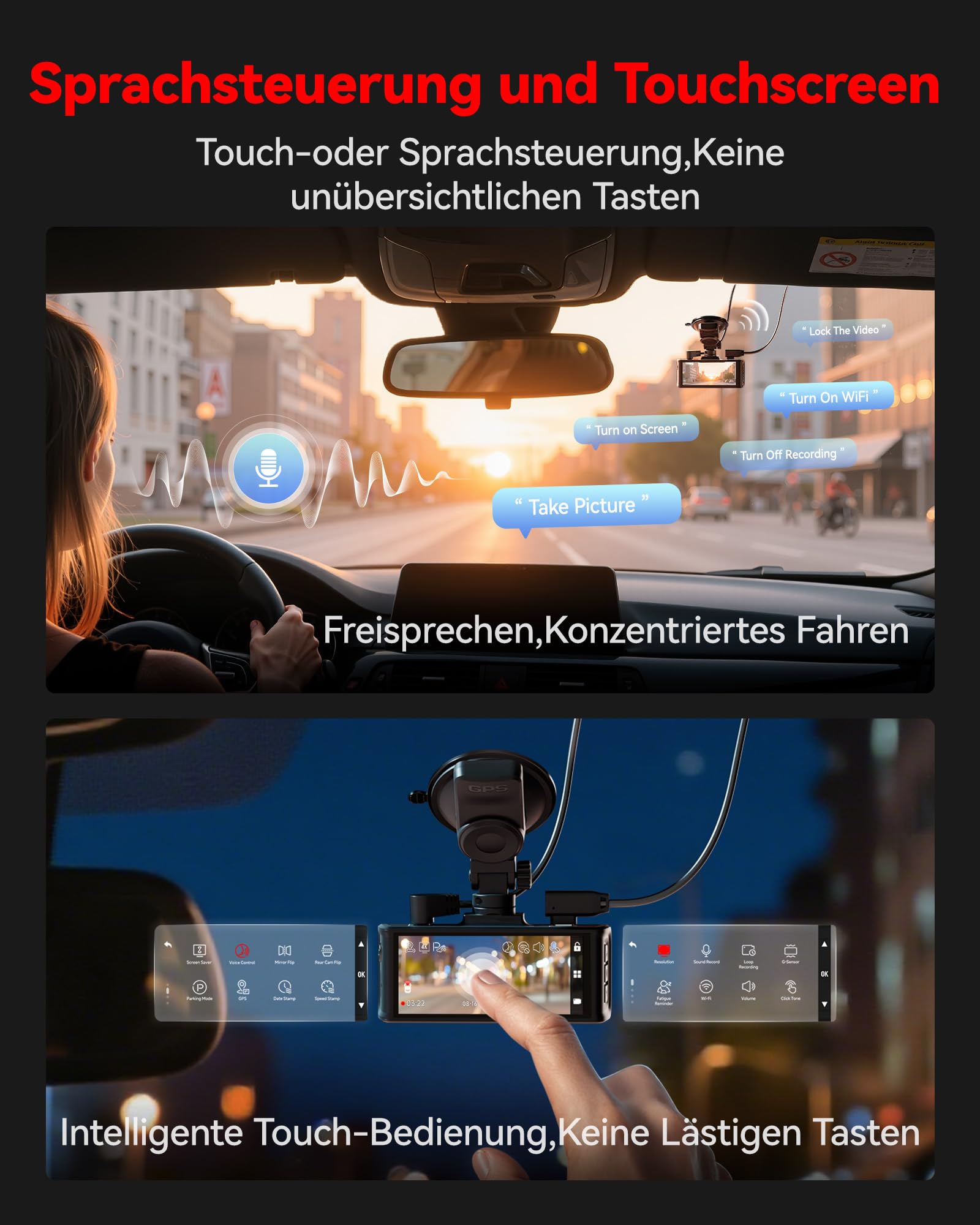 REDTIGER 4K STARVIS 2 Dashcam Auto Vorne Hinten Touchscreen 3.18 Zoll Sprachsteuerung WiFi 6 GPS 2160P UHD Nachtsicht Parkmonitor F7N Touch