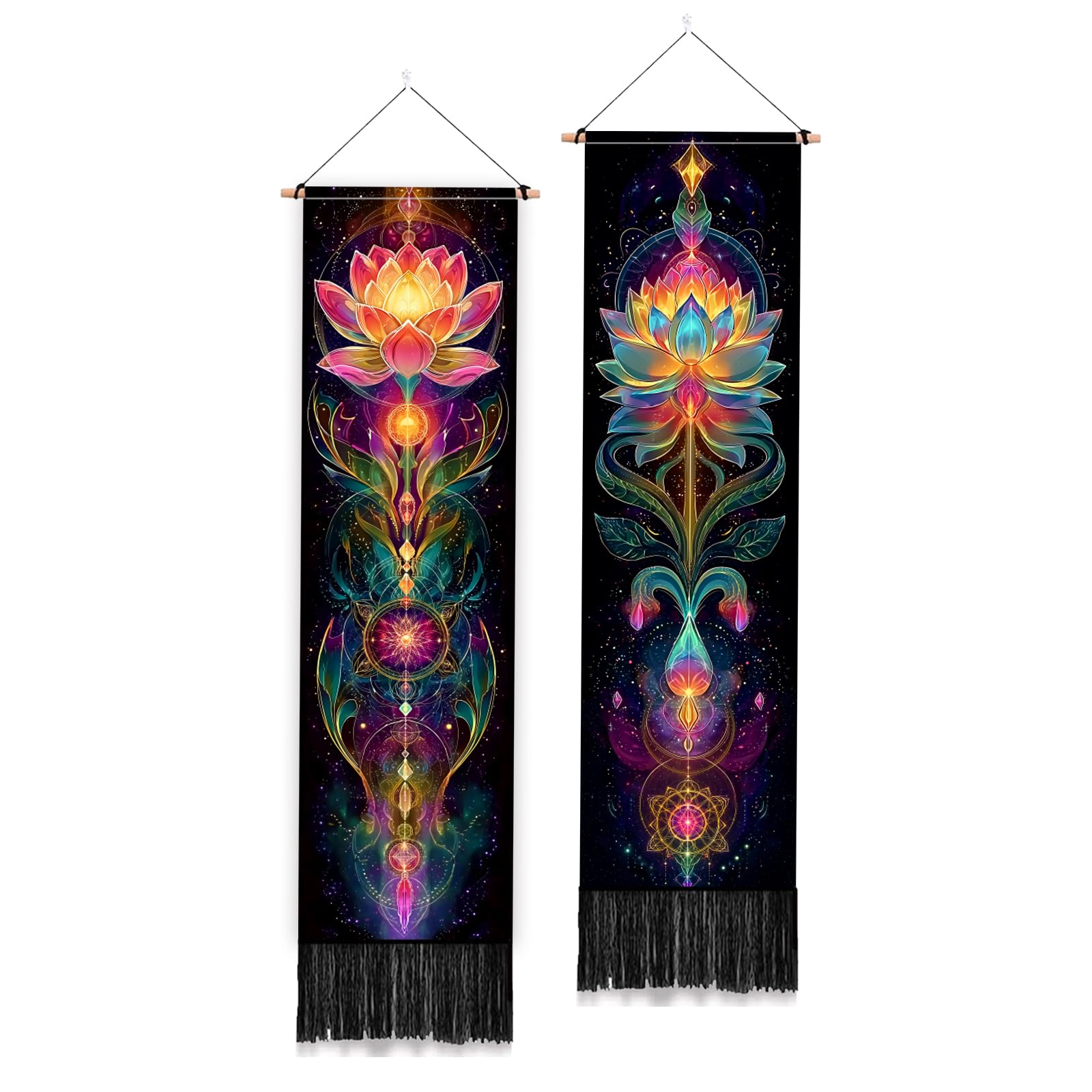PLIGREAT 2 Pack Colorful Louts Vertical Tapestry, Aesthetic Wall Hanging for Bedroom Bathroom Living Room Yoga Studio Fantasy Long Narrow Wall Tapestry Dorm Room Home Art Decor, 130x33cm