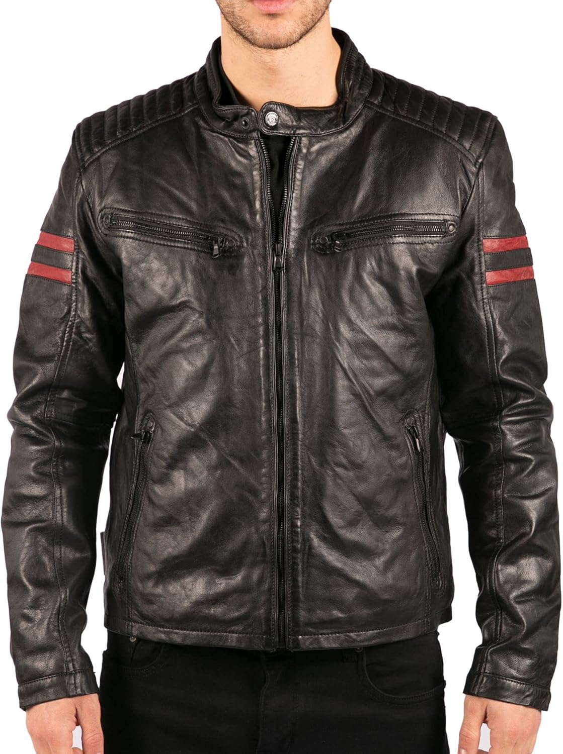 TruClothing Men's Biker Jacket Outwear Windproof Winter Motorcycle Rider Quilted Real Leather Jackets Coat