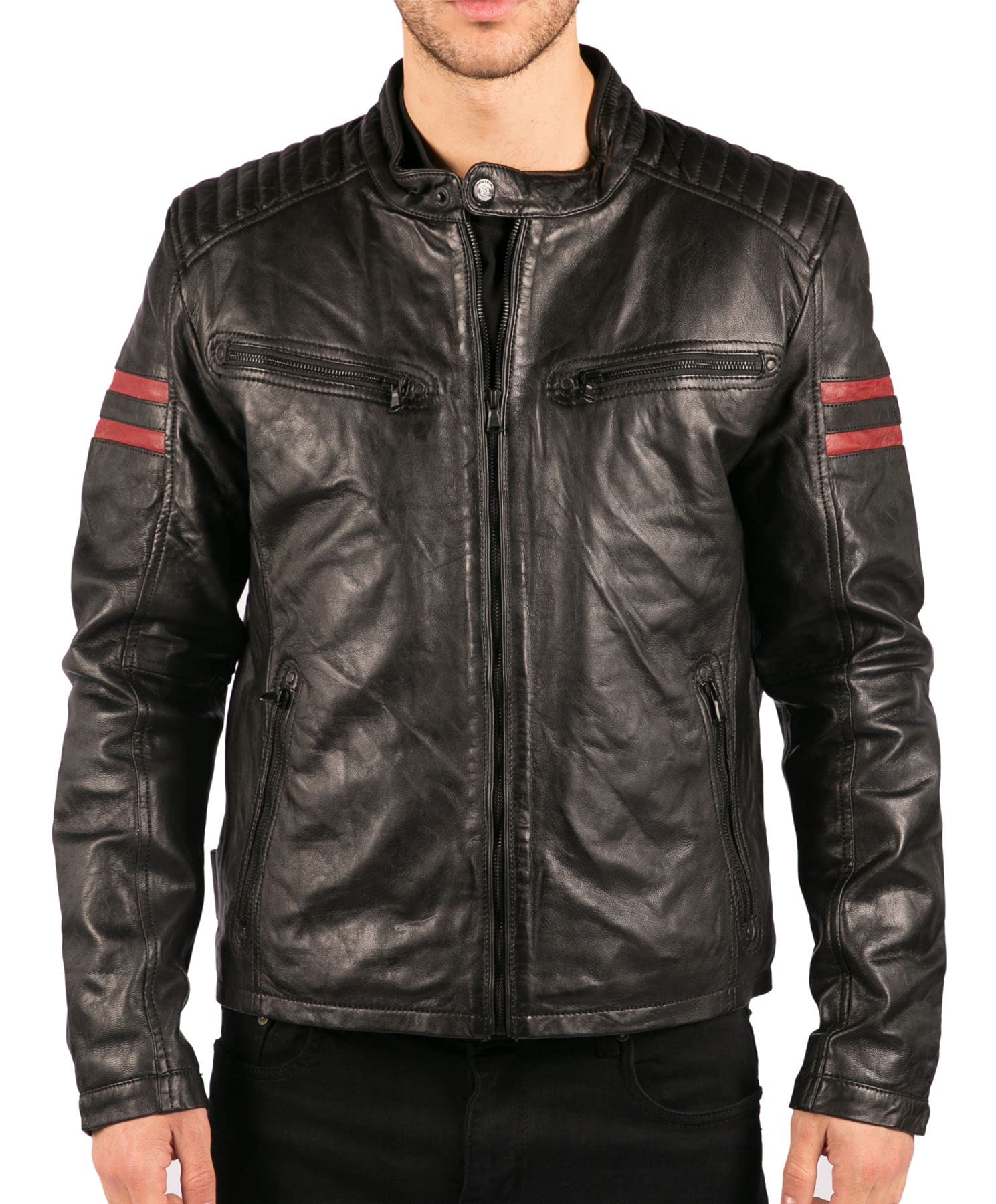 Truclothing Men's Black Biker Jacket Outwear Windproof Winter Motorcycle Rider Quilted Real Leather Jackets Coat - Xxl