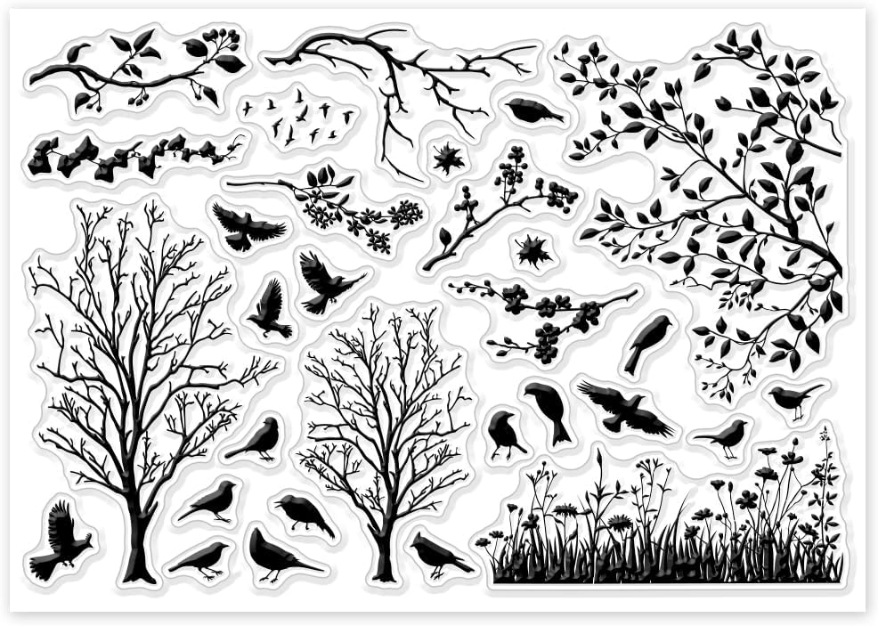 GLOBLELAND Bird Branch Silhouette Clear Stamps Birds Trees Clear Rubber Stamps Silicone Stamps for DIY Scrapbooking Photo Album Decorative Cards Making Home Decoration 8.3×5.8inch